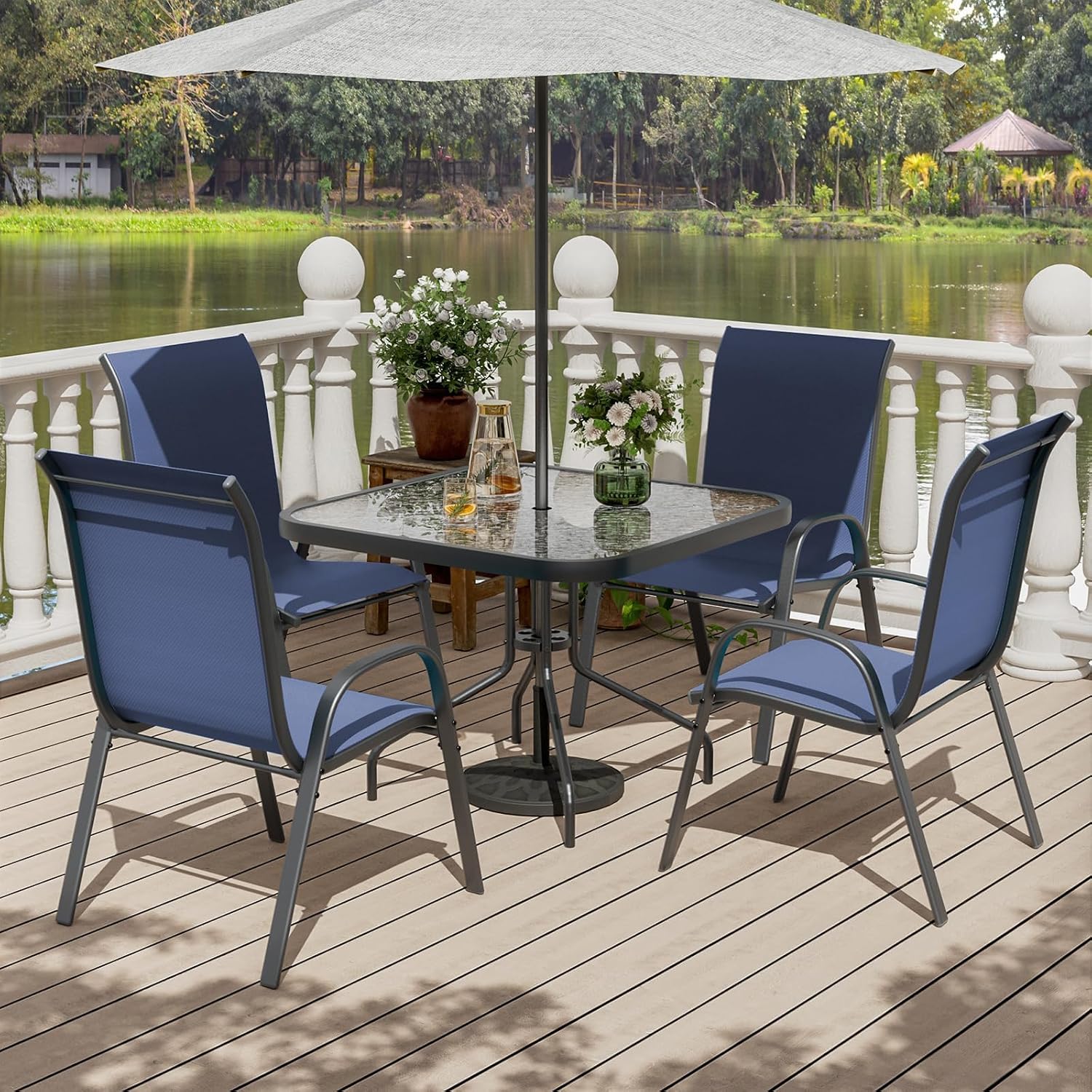 UDPATIO Patio Chairs Set of 4, Stackable Outdoor Dining Chairs with High Back, Breathable Textilene Fabric Outdoor Chair All Weather, for Garden, Backyard (Blue)