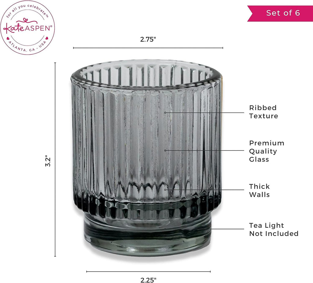 Kate Aspen Ribbed Glass Candle Holder Set - 6 Smoke Gray Tealight Holders for Home, Kitchen, Room or Living Room Decor - Vintage Tea Light Votive Accent for Table or Shelf Styling (Pack of 6)