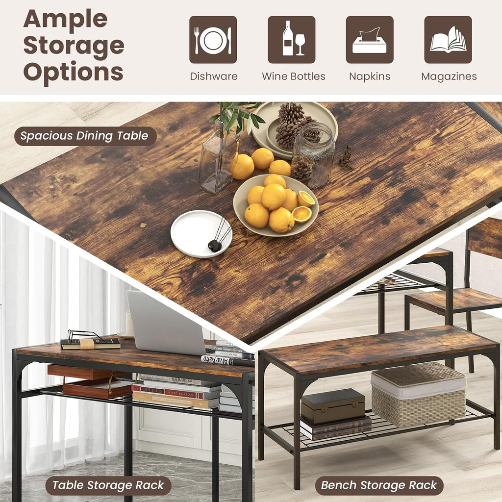 Giantex Dining Table Set for 4, Kitchen Table with Chairs & Bench, Storage Racks, Metal Frame, 4-Piece Space-Saving Dinette Set for Dining Room, Breakfast Nook, Small Space, Apartment,Rustic Brown