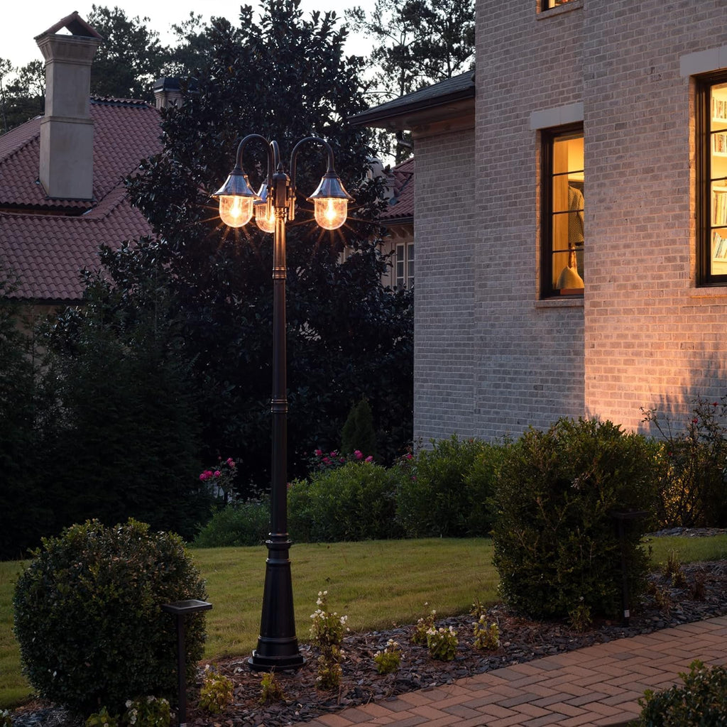 Gama Sonic Orion Outdoor Solar Lamp Post Light Kit, Triple Black Resin Industrial Style Downlight Lamp, Cast Aluminum Pole with Warm White Light 2700K, 123BM50003