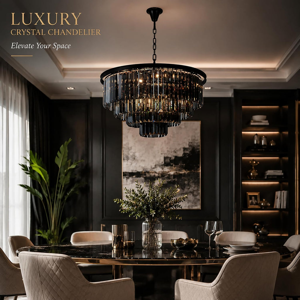 ALOADECOR 10-Light W32 in. Modern Odeon 4-Tier Round Fringe Crystal Chandelier in Matte Black Finish Frame with Smoke Crystal Accents Dual-Use Light for Dining Room Living Room Bedroom