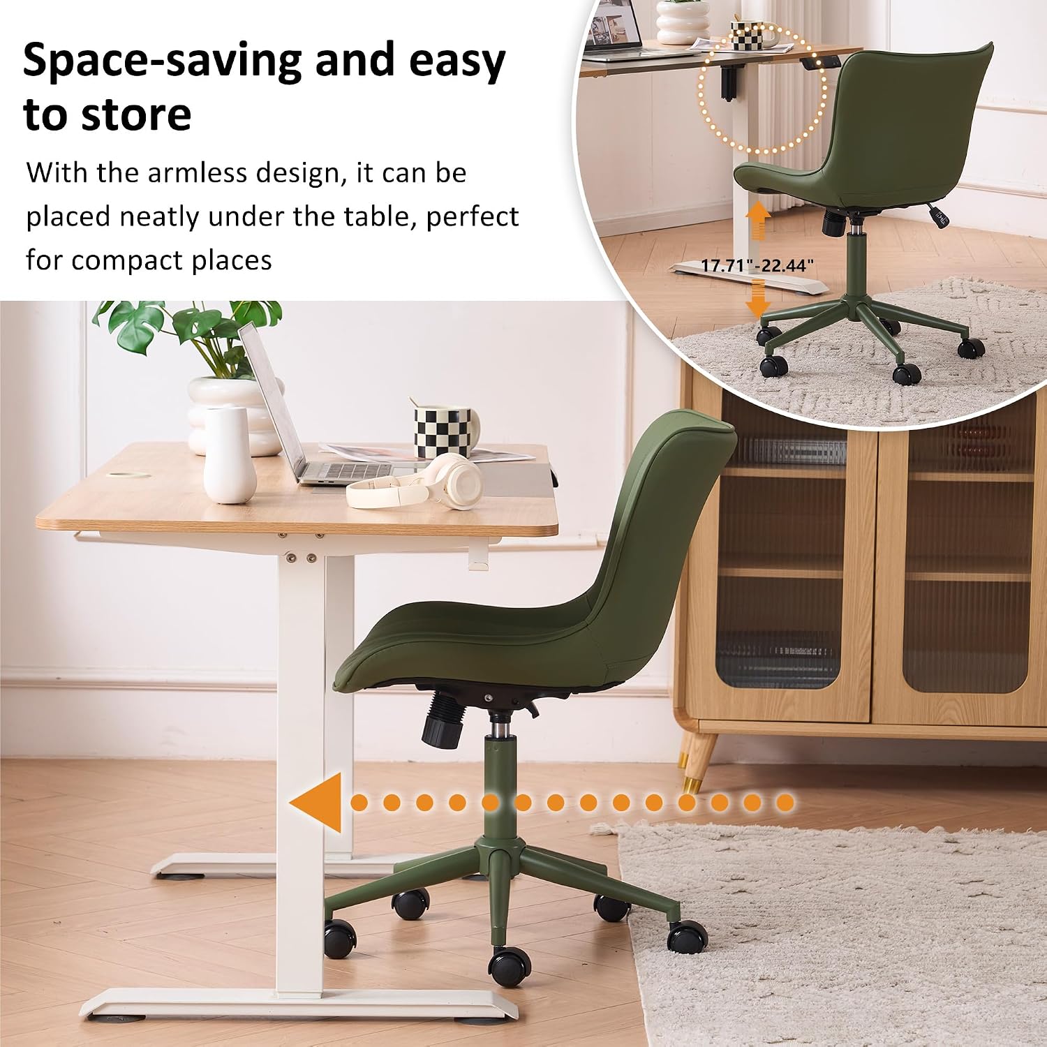 YOUNIKE Home Office Desk Chair with Wheels Armless Vanity Chair with Back Comfy Modern Leather Upholstered Rolling Task Chair Swivel Small Cute Sewing Chair No Arms Wide Adjustable Sage Green