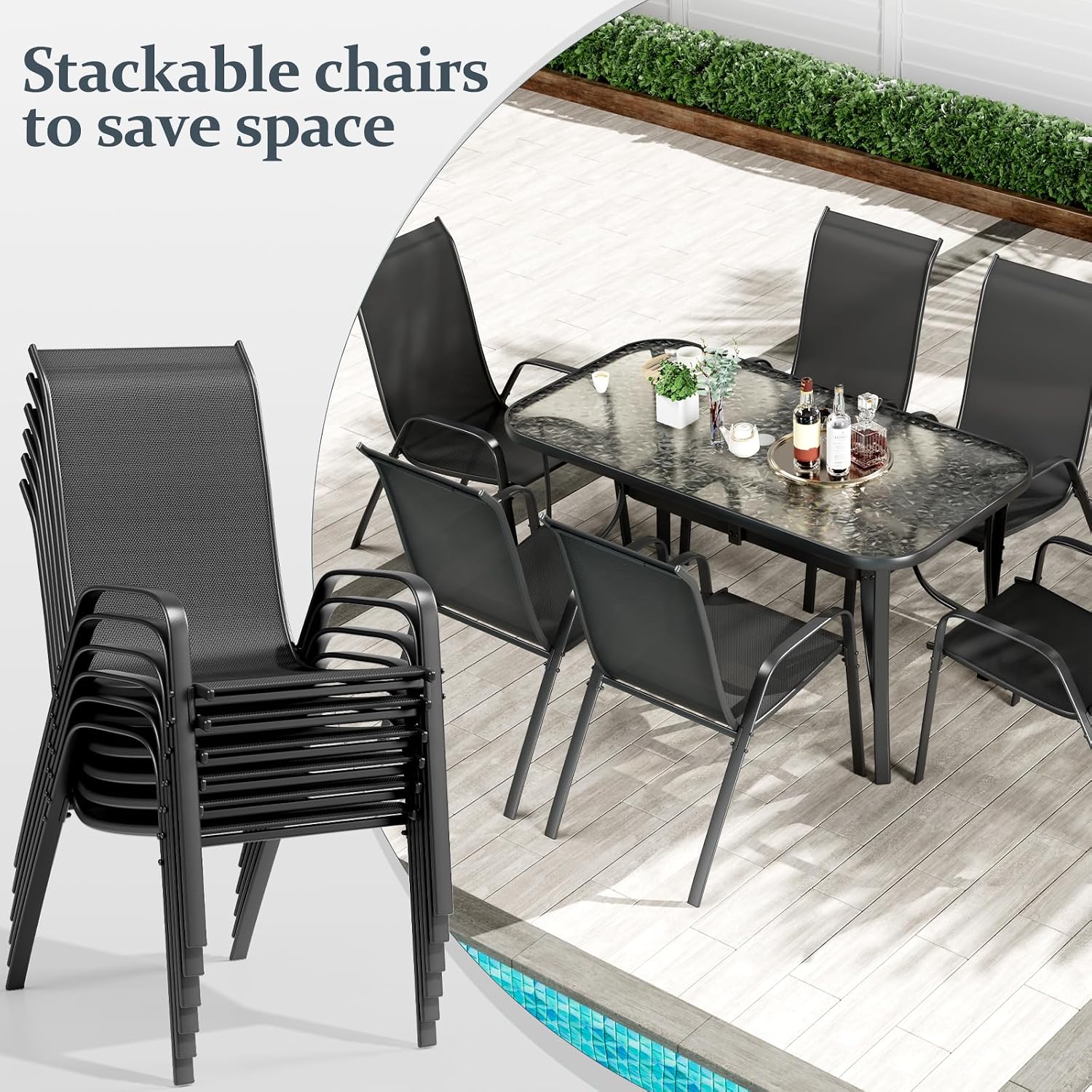 TLSUNNY 7 Pieces Patio Dining Set, Outdoor Table and Chairs W/1.69″ Umbrella Hole, 30'X 55' Table and Stackable Textilene Chair, All Weather Patio Furniture Set (Umbrella not Included) (Black)