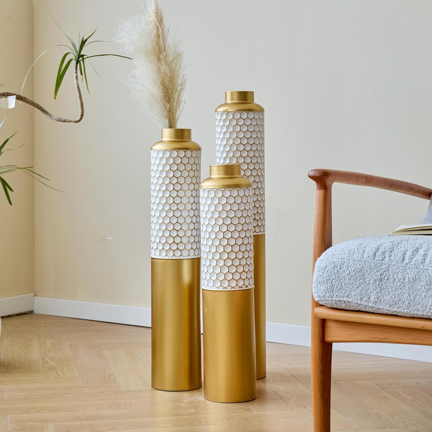 Floor Metal Vase Modern Style Decoration Home, Metal Vase 3-Piece Set for Living Room, Entryway & Office Decor, Rustproof Tall Standing Home Décor (Gold+White Hexagon)
