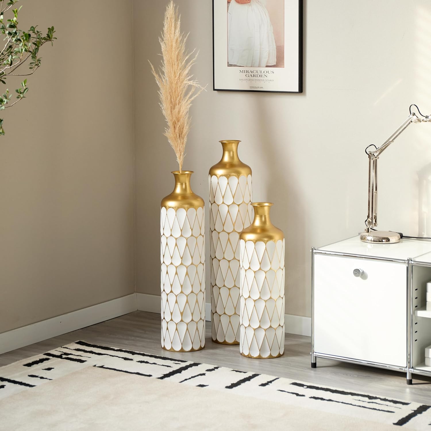 Decorative Floor Vases Set of 3, White and Gold Floral Pattern, Tall Ceramic Standing Vases for Home Decor (Gold+White Balloon)