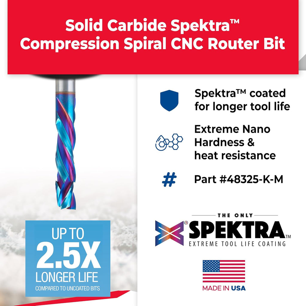 Amana Tool Spektra Extreme Tool Life Solid Carbide CNC Compression Spiral Router Bit, 48325-K-M, 8mm D x 32mm CH x 8mm Shank x 71mm Long 3 Flute