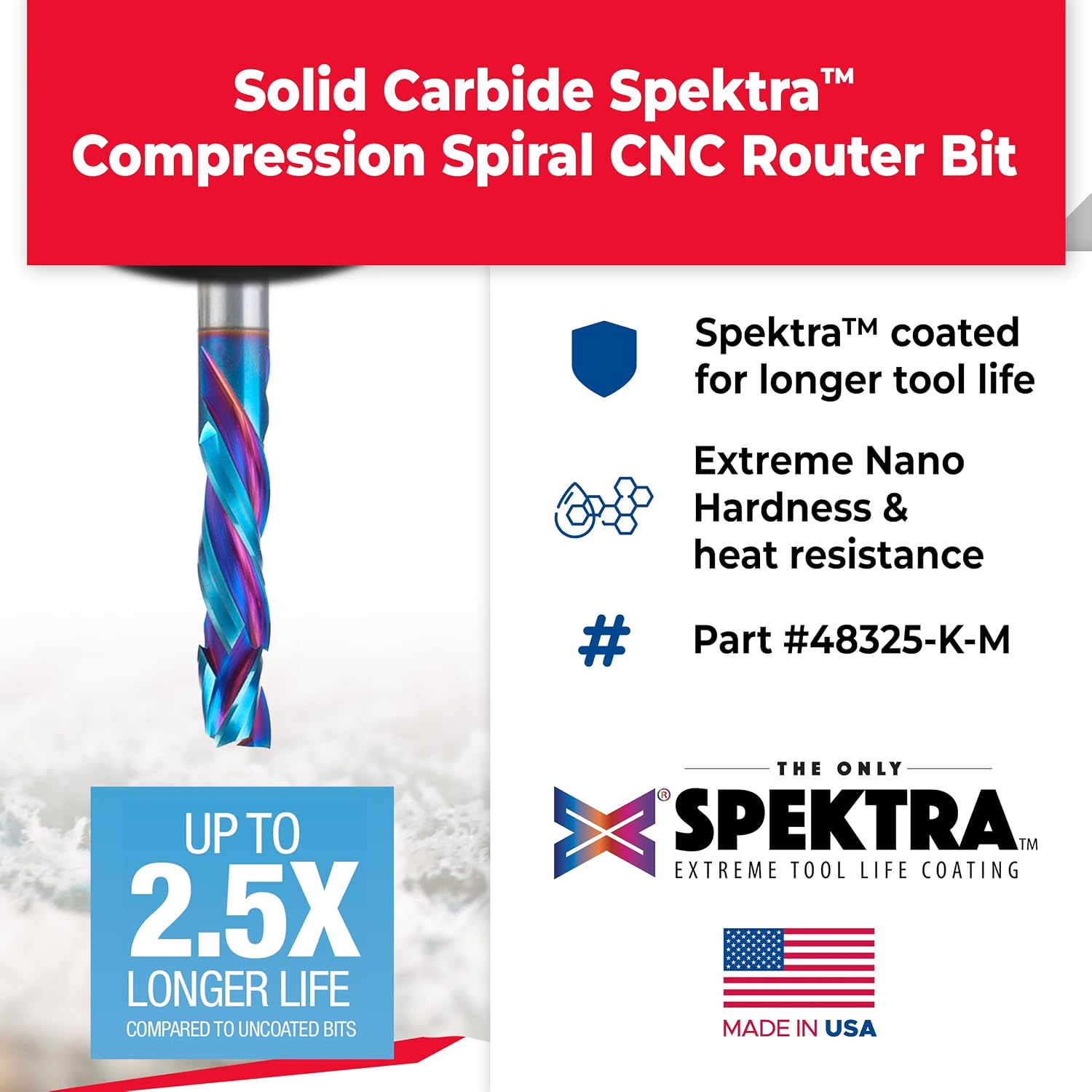 Amana Tool Spektra Extreme Tool Life Solid Carbide CNC Compression Spiral Router Bit, 48325-K-M, 8mm D x 32mm CH x 8mm Shank x 71mm Long 3 Flute