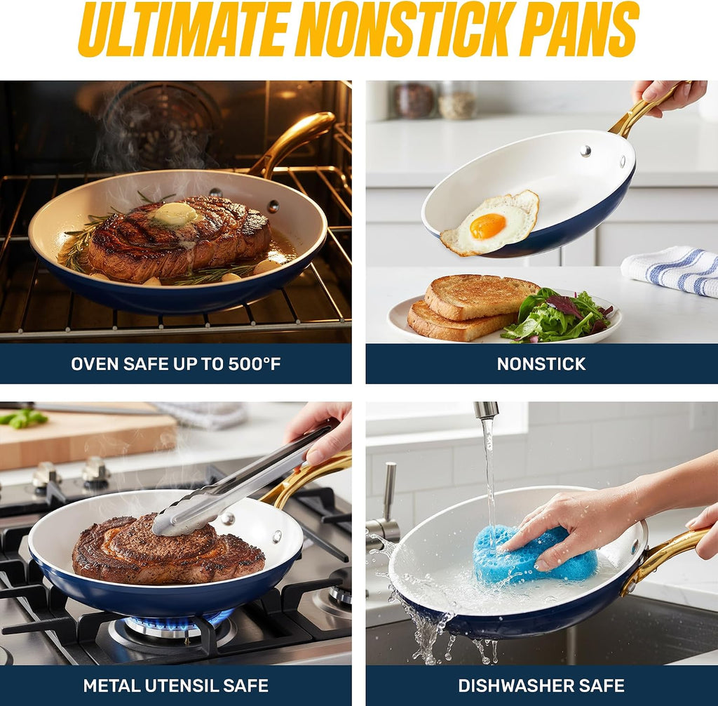 Gotham Steel 20pcs Pots and Pans Set Non Stick Ceramic Cookware Set with Deep Frying Pan Set & 6pc Knife Set, Improved Ti-Cerama Coating Made without PFOA PFOS Lasts 2x Longer, Oven & Dishwasher Safe