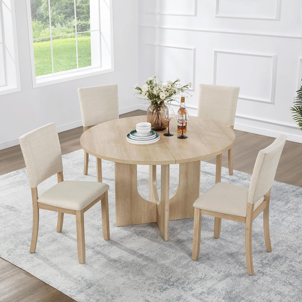 KEIKI 5-Piece Standard Height Dining Table Set with Round Table and 4 Upholstered Curved Backrset Chair, for 4 Person, Modern Style Wooden Table Set, Easy Assembly, for Kitchen, Dining Room, Beige
