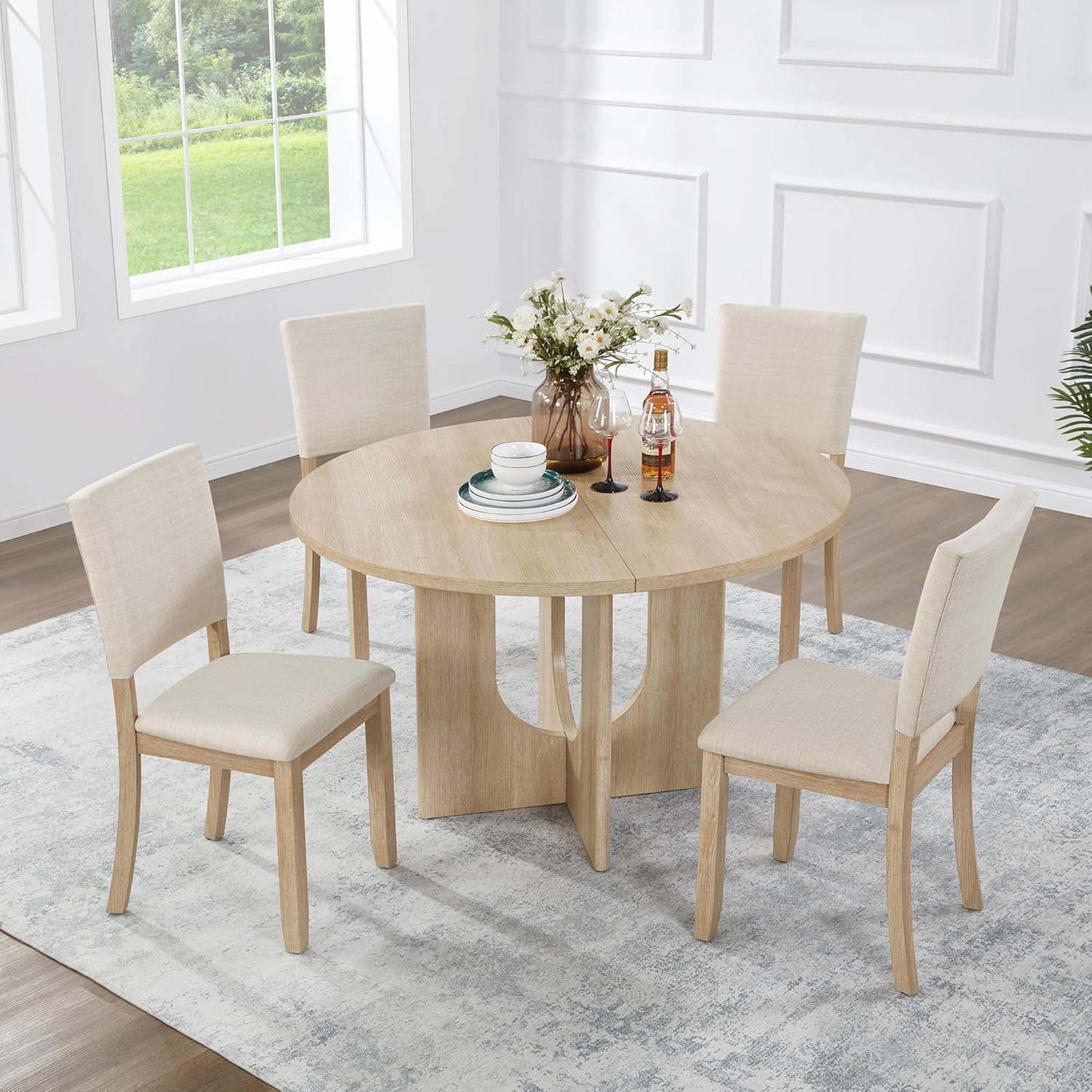 KEIKI 5-Piece Standard Height Dining Table Set with Round Table and 4 Upholstered Curved Backrset Chair, for 4 Person, Modern Style Wooden Table Set, Easy Assembly, for Kitchen, Dining Room, Beige