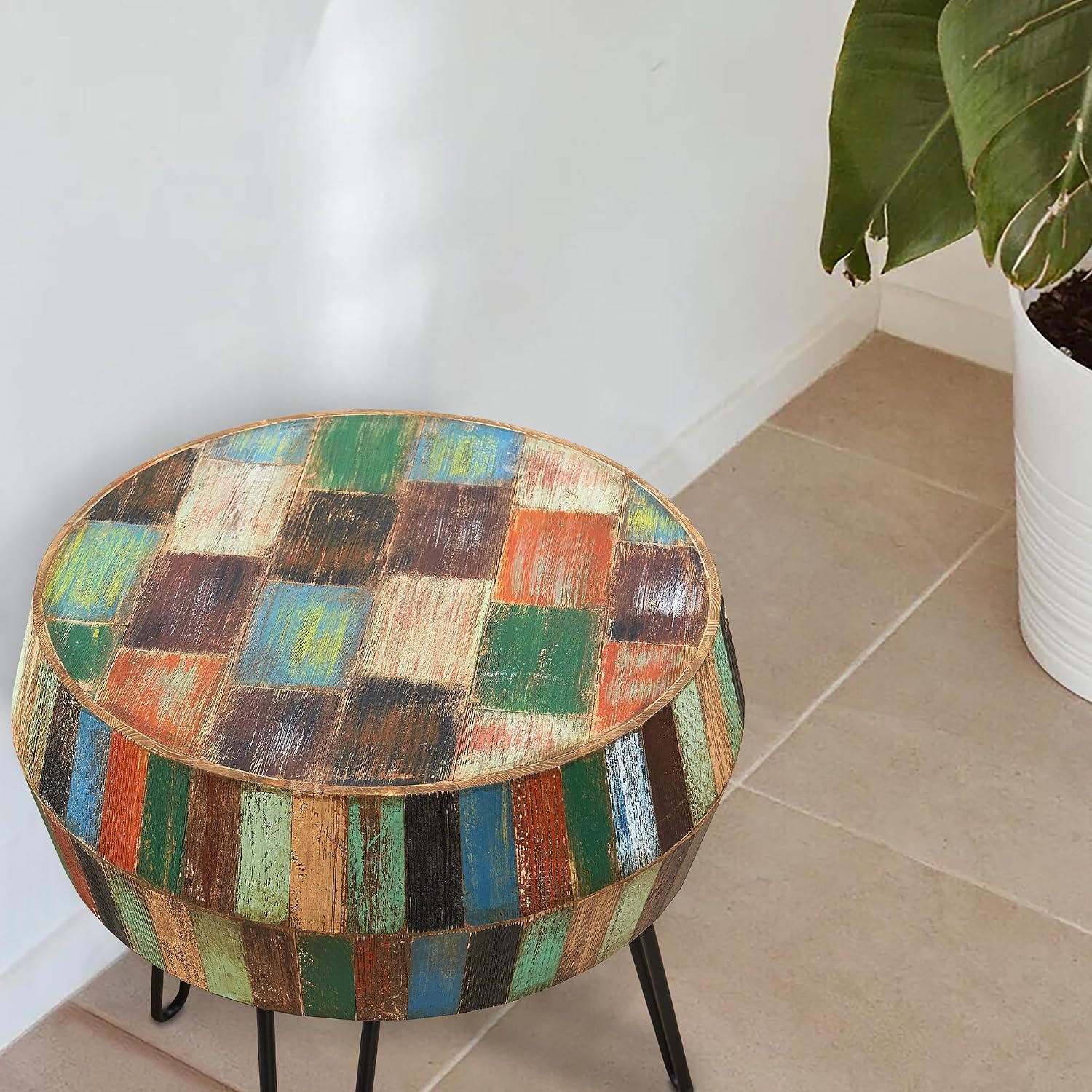 Multicolor Wood Round Drum Side Table 18.2'x18.2'x23.6'H Reclaimed Wooden Farmhouse Rustic Coffee End Table Vintage Accent Plant Stand Outdoor Living Room Bedroom Patio Home Decor