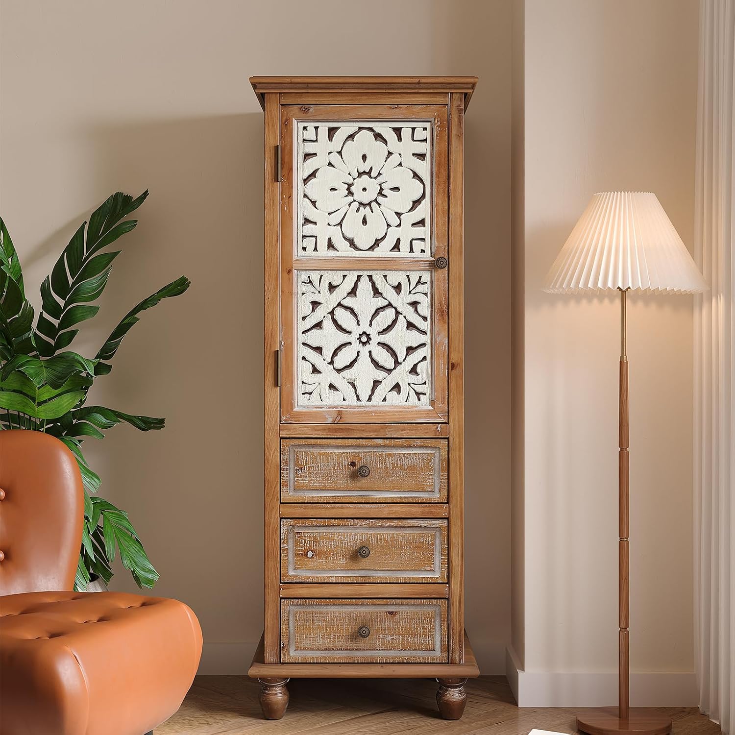 LKTART Solid Wood Accent Storage Cabinet with Carved Doors,54' Tall Thin Storage Cabinet with Drawers for Entryway,Kitchen,Living Room
