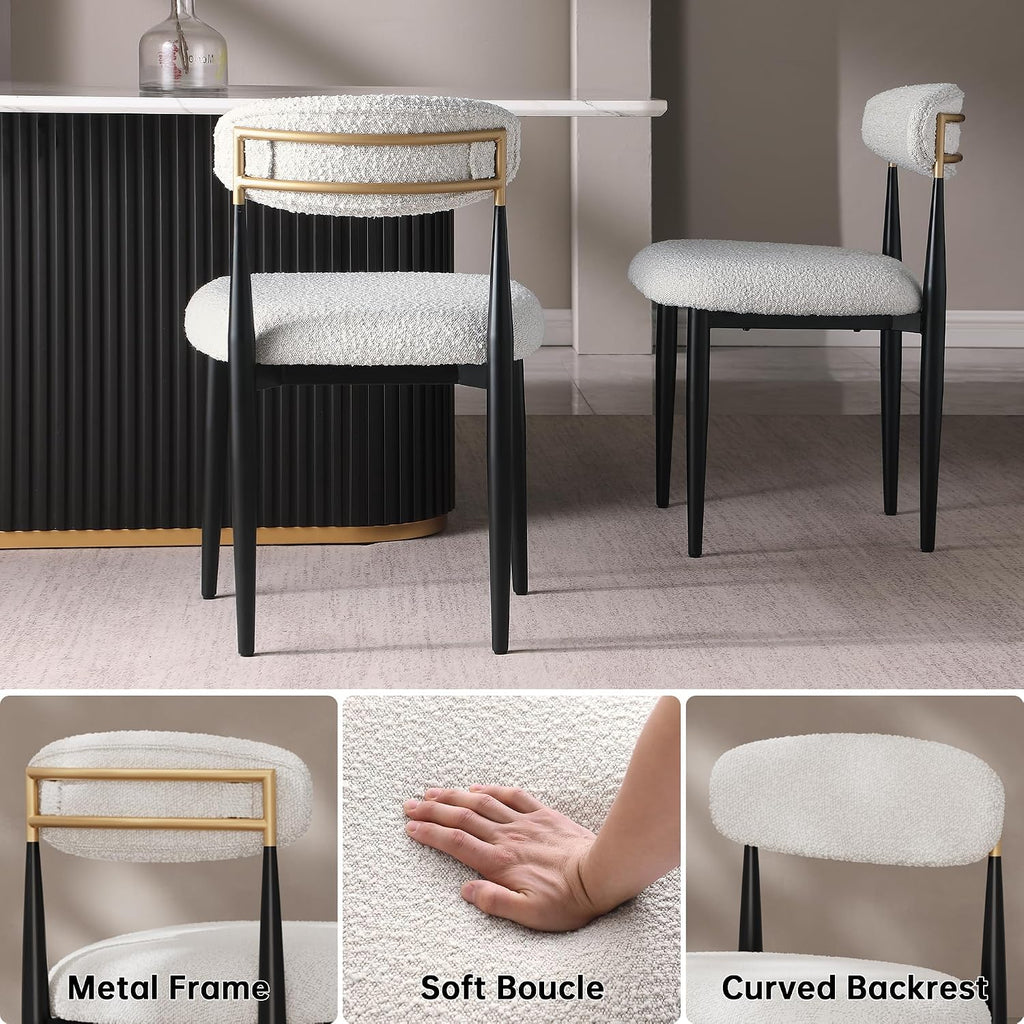 Morden Fort Modern Dining Table Set for 4, 70' Kitchen Table with Marble Rectangle Top and Black Fluted Base, 4 Boucle Upholstered Chairs for Dining Room, Restaurant and Reception