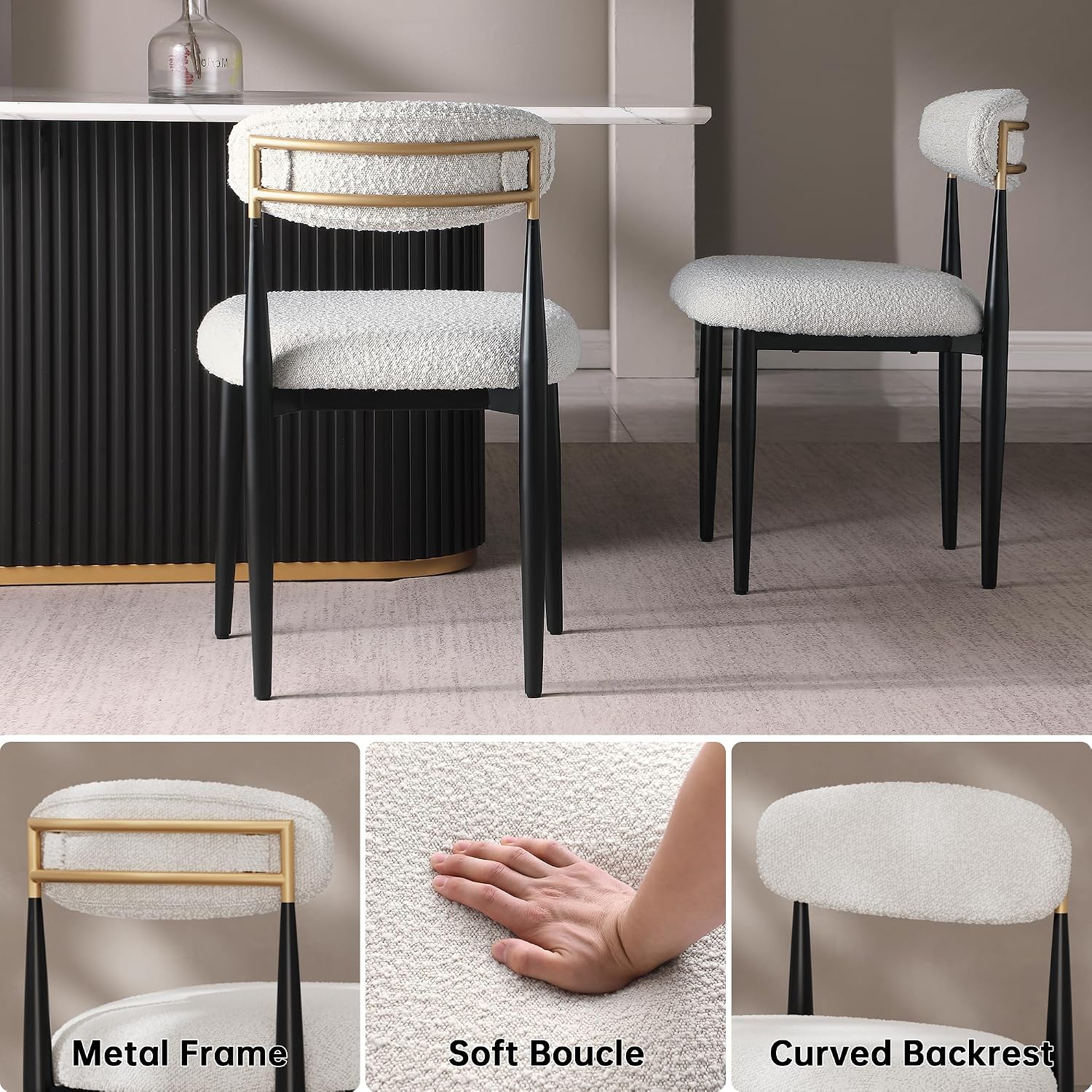 Morden Fort Modern Dining Table Set for 4, 70' Kitchen Table with Marble Rectangle Top and Black Fluted Base, 4 Boucle Upholstered Chairs for Dining Room, Restaurant and Reception