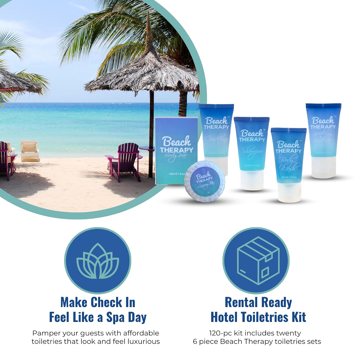 Beach Therapy - Complete Hotel Toiletry kits with 1oz Travel Size Shampoo, Conditioner, Body Wash, Lotion, and 2 Hotel Soaps. Air BnB Essentials - Rental Ready Kit (120 Piece)