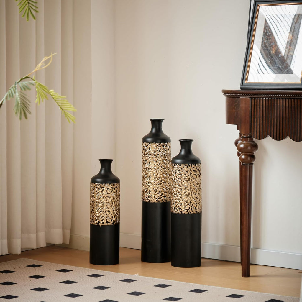 Metal Floor Vase Set -Large Glazed Metal Vases for Living Room, Entryway & Office Decor,20.8in/24.8in/28.7in Rustproof Tall Standing Home Décor (Black+Gold Branches)