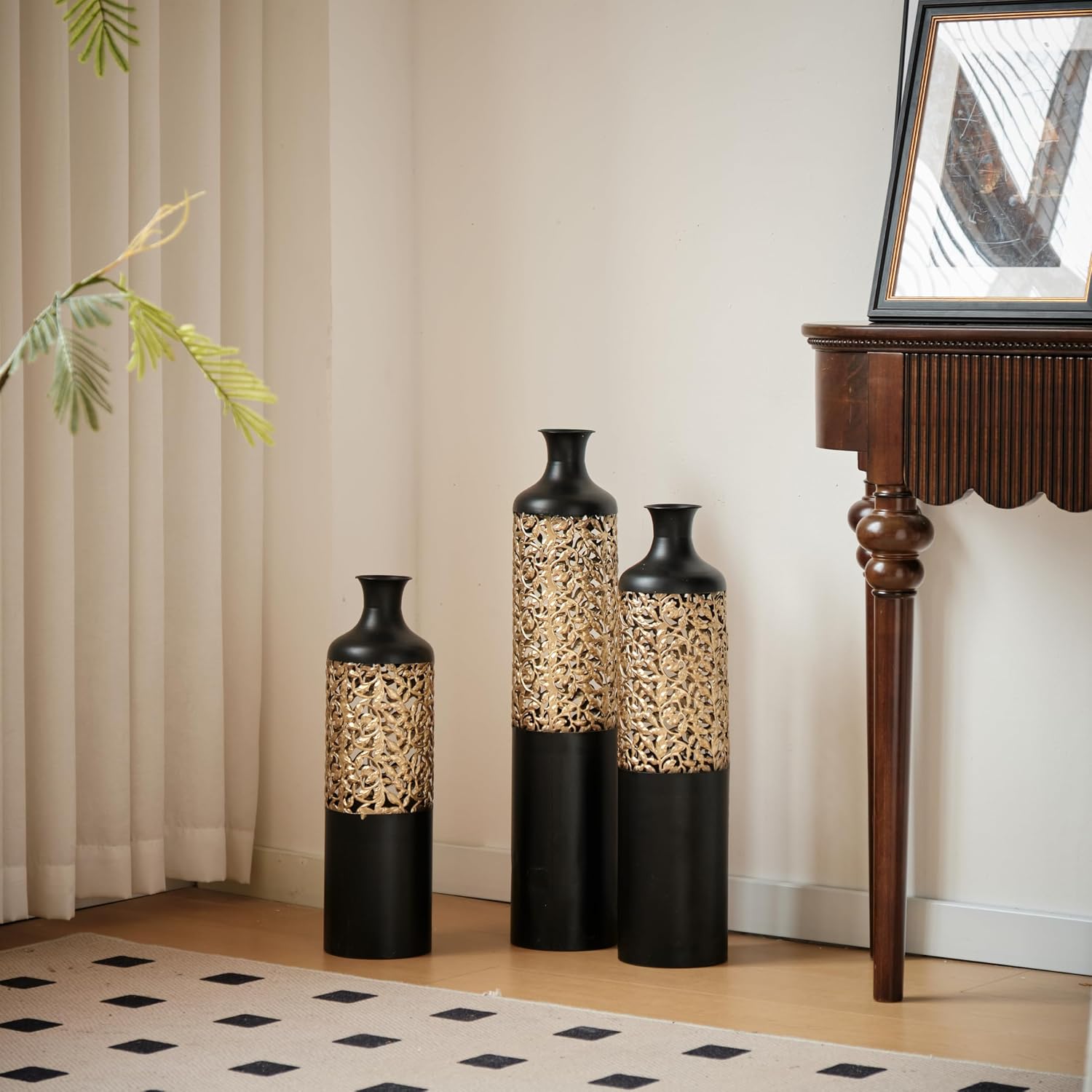 Metal Floor Vase Set -Large Glazed Metal Vases for Living Room, Entryway & Office Decor,20.8in/24.8in/28.7in Rustproof Tall Standing Home Décor (Black+Gold Branches)