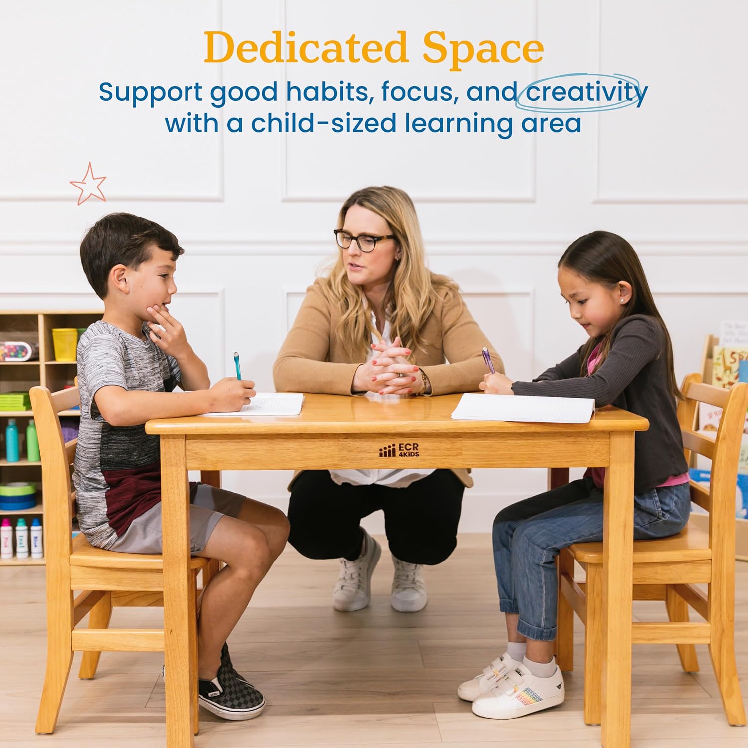 ECR4Kids 24in x 36in Rectangular Hardwood Table with 24in Legs and Two 14in Chairs, Kids Furniture, Honey