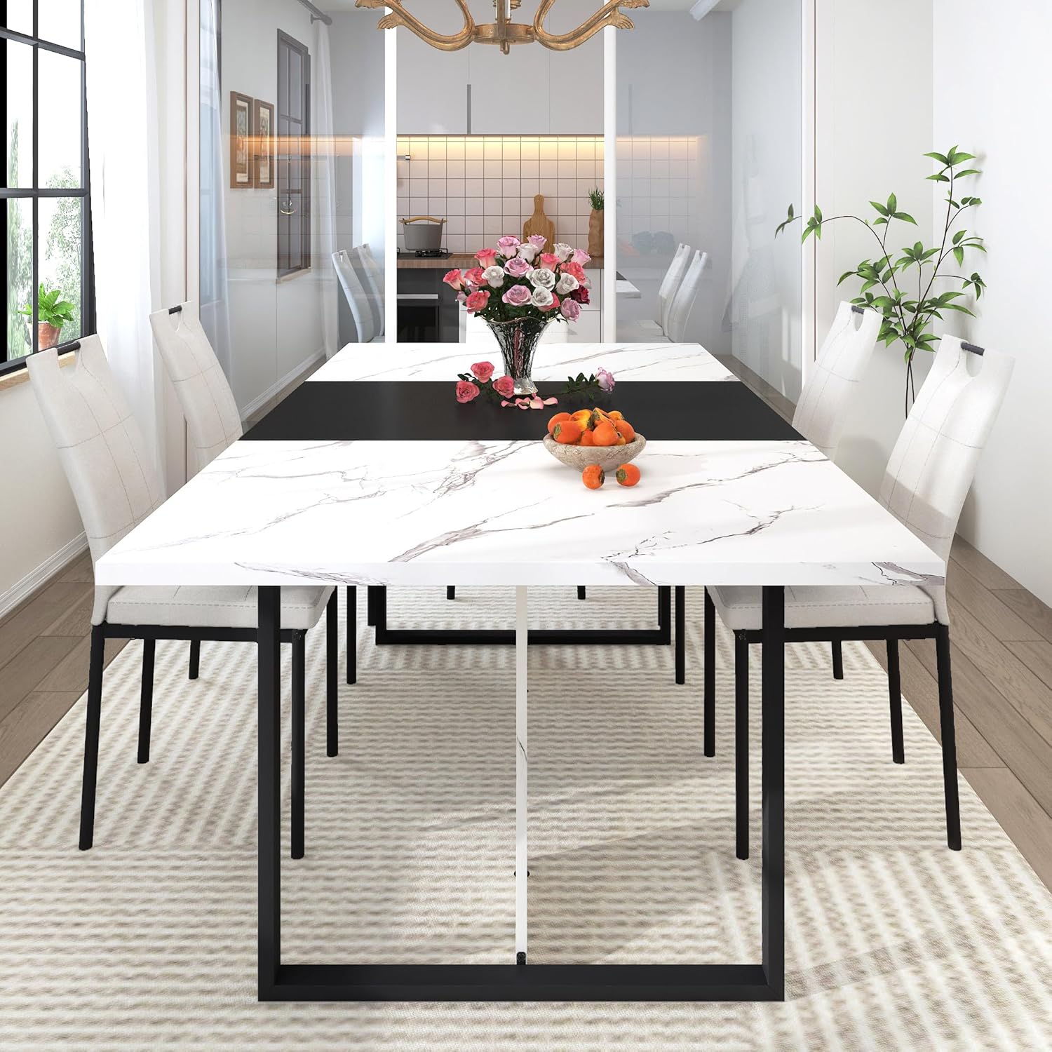 70 Inch Rectangular Dining Table for 4 5 6 People,Kitchen Dinner Table W/Marble-Color Wood Waterpoof Tabletop,Family 6 FT Dining Tables w/Adjustable Leg for Office Home Living Dining Room(White)