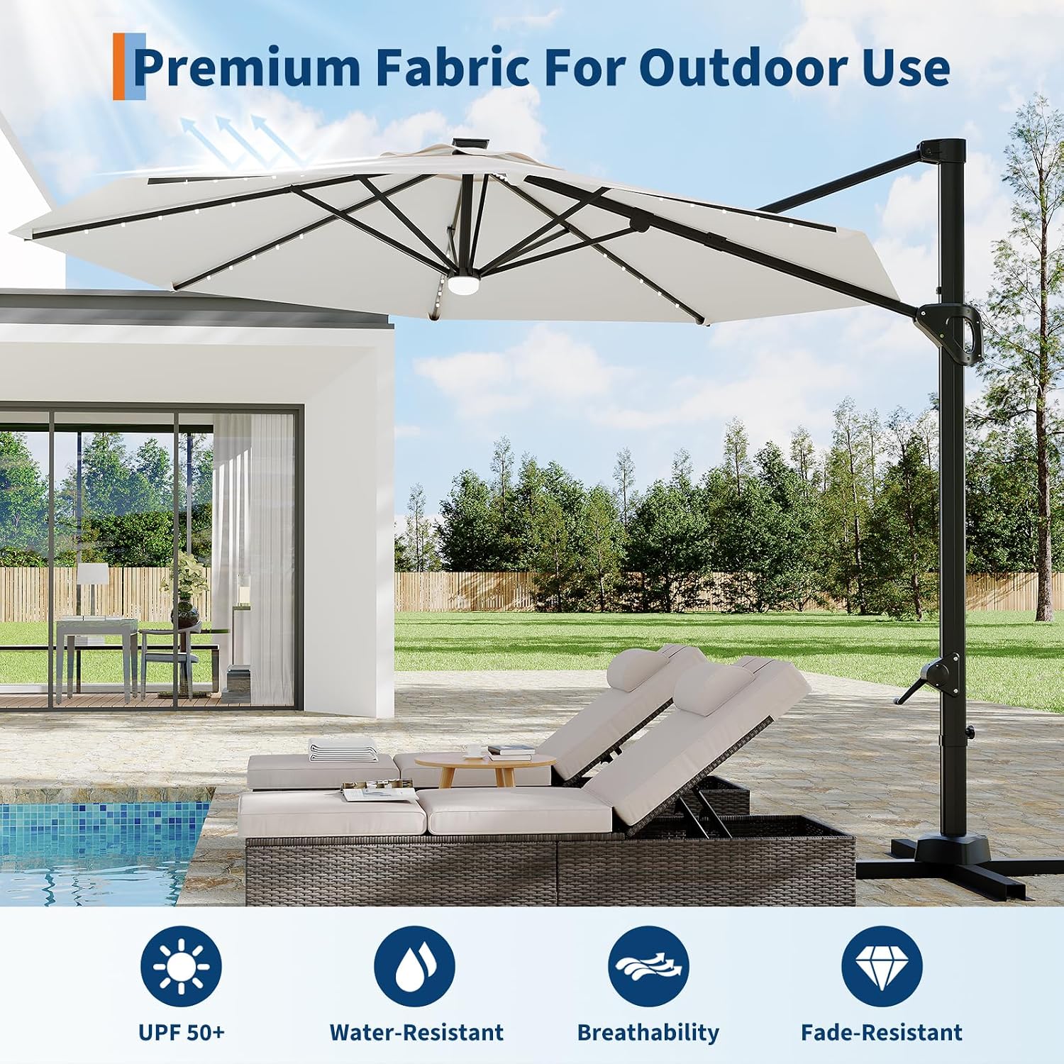 Garvee 10 ft Cantilever Patio Umbrella with Solar Lights, 360° Rotation Offset Umbrella, Easy Crank & Tilt Adjustment, UV Protection for Backyard, Poolside, Deck -Beige