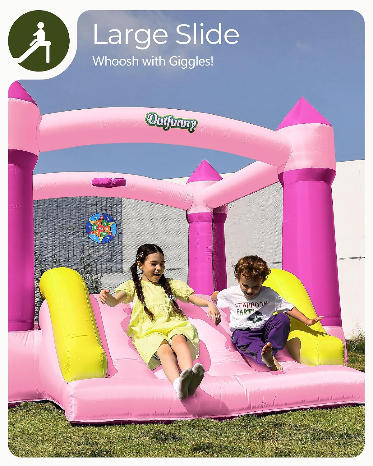 Outfunny Bounce House with Slide, Inflatable Bouncy House for Kids 3-12, Outdoor&Indoor, Bounce Area 8'x8', Capacity 400 lb - Pink