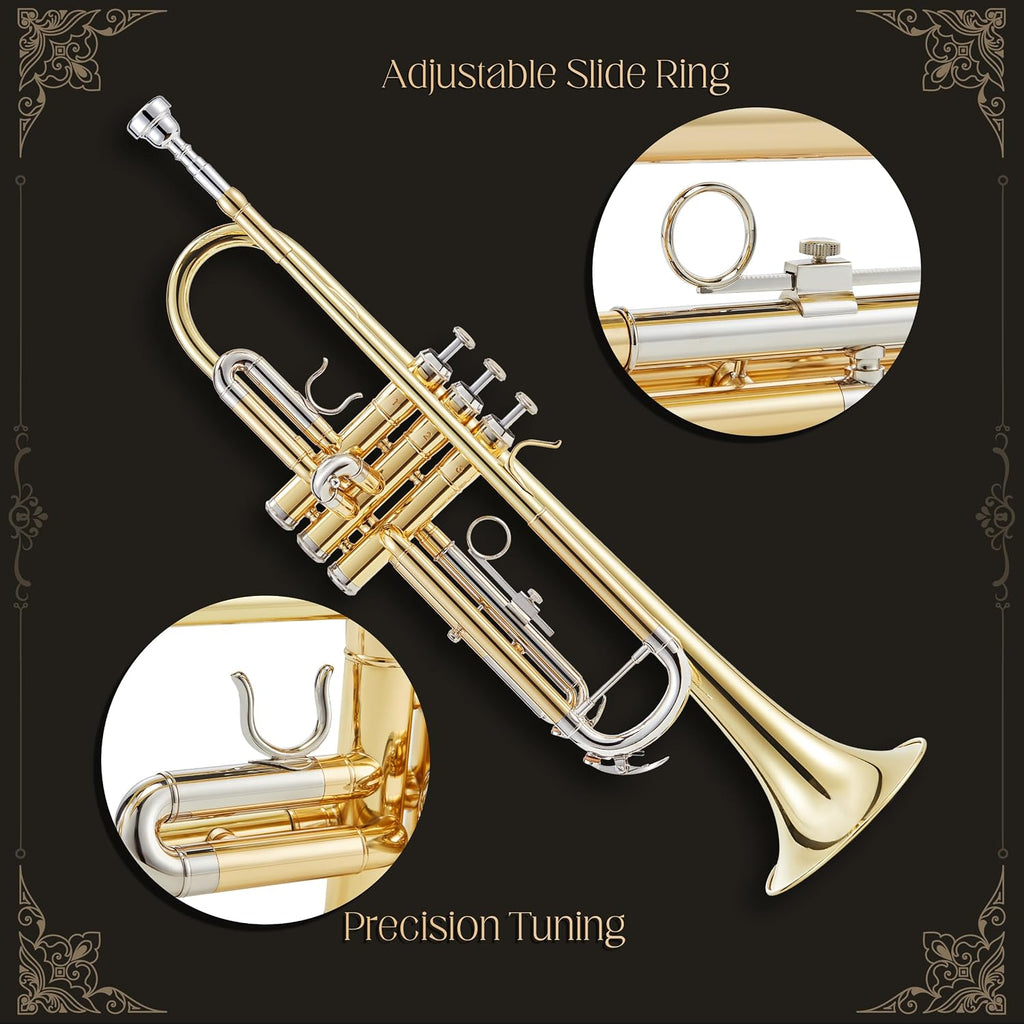 AKLOT Hand-Hammered Bell Bb Trumpet: Smooth Valve Action, Clear-Lacquered Brass Body, Standard Trumpet Beginner Set with Leather Case, Lesson Book, Trumpet Mute, Mouthpiece, Cleaning Kit (SNR-BrzED)