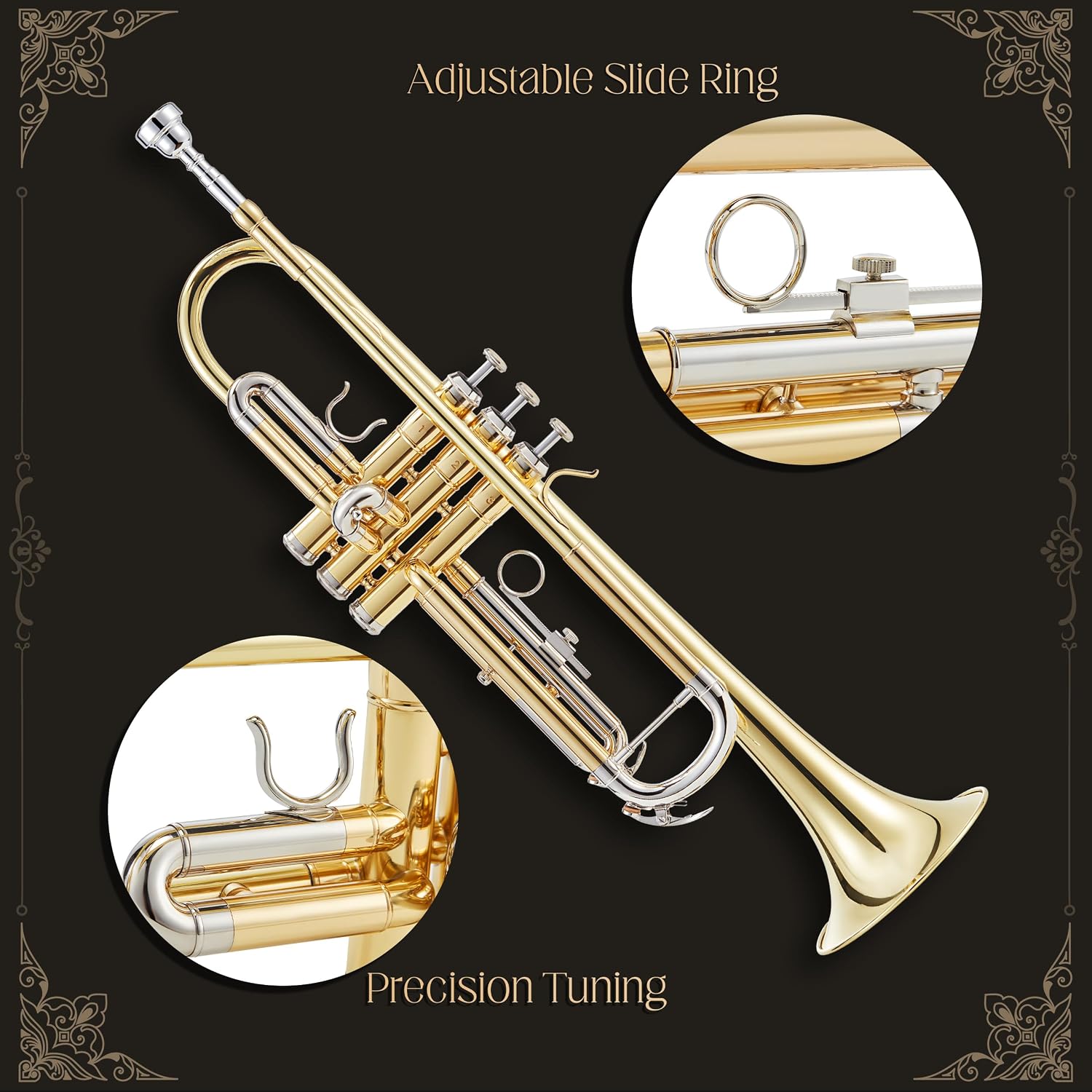 AKLOT Hand-Hammered Bell Bb Trumpet: Smooth Valve Action, Clear-Lacquered Brass Body, Standard Trumpet Beginner Set with Leather Case, Lesson Book, Trumpet Mute, Mouthpiece, Cleaning Kit (SNR-BrzED)