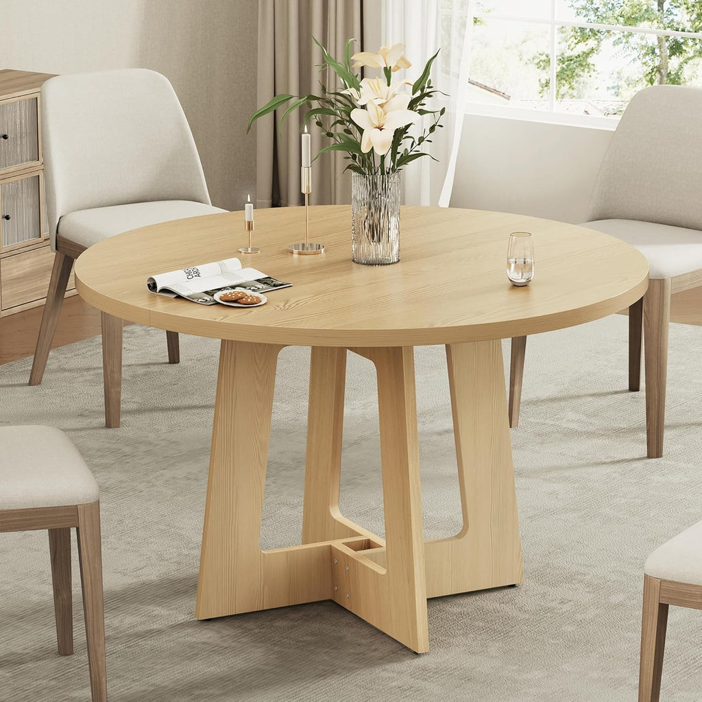 Round Dining Table for 4, Farmhouse Kitchen Table, Wooden Circle Table, 300lb Capacity & Easy Assembly for Home Dining Room Kitchen Living Room (Natural Oak)