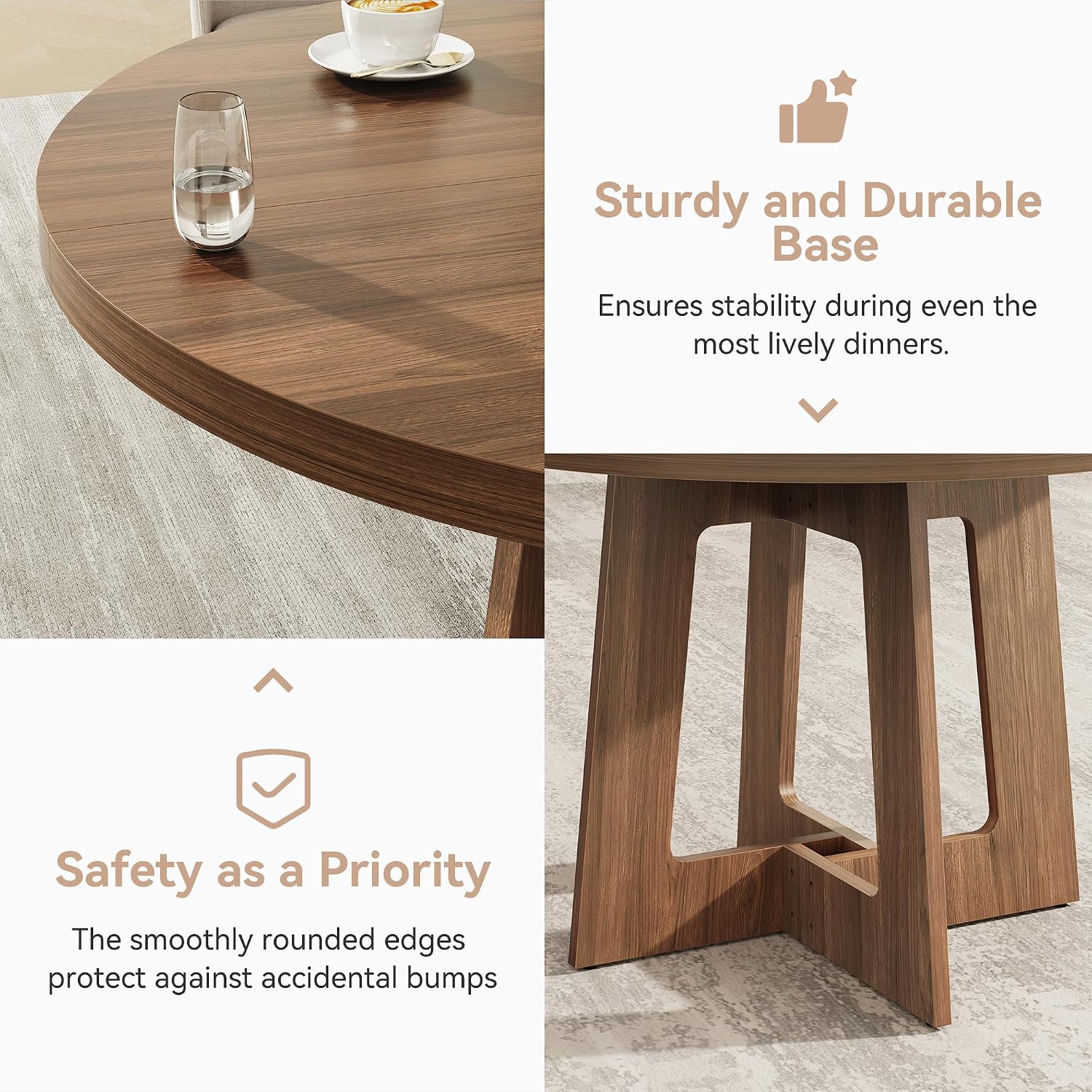 Round Dining Table for 4, Wooden Dining Room Table, Circle Kitchen Table for Home Dining Room Kitchen Living Room (Walnut Brown)