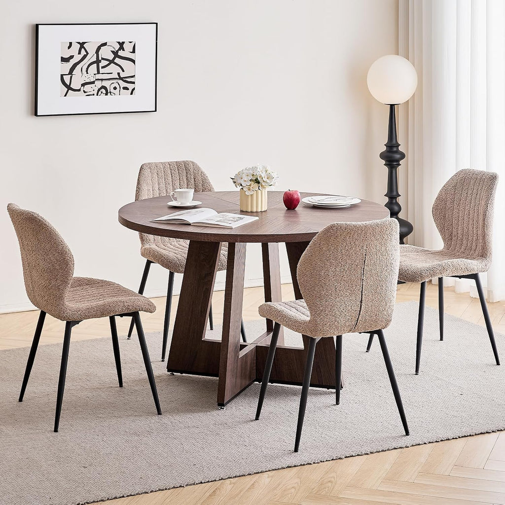 47' Round Dining Table Set for 4 with Chairs Kitchen Table and Chairs Set Mid-Century Modern Chair with Metal Leg for Apartment Living Room(Walnut Table with 4 Brown Chairs)