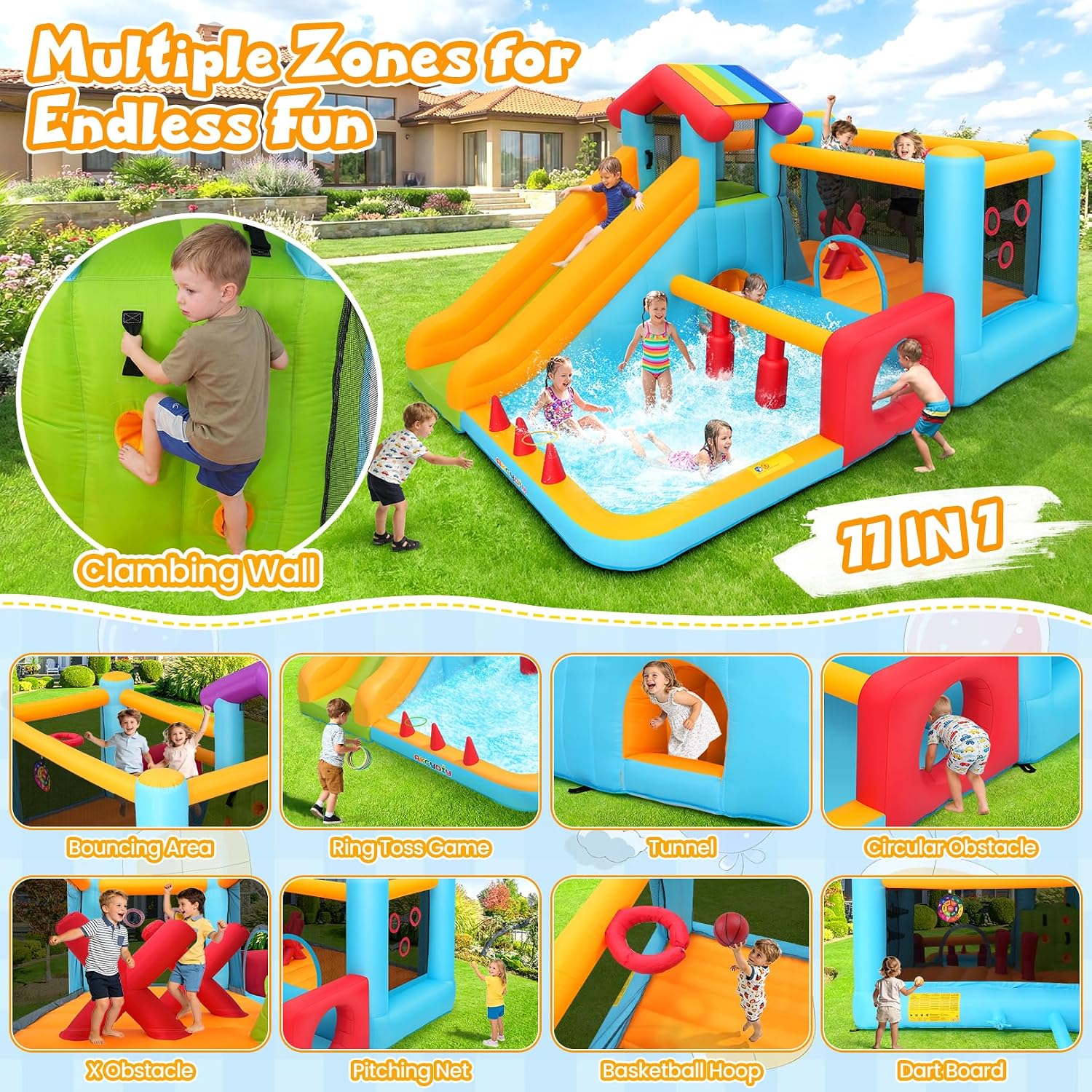 AKEYDIY Bounce House, Inflatable Bounce House for Kids 3-12, Obstacle Bouncy House with Slide, Trampoline, Ball Pit, Basketball Hoop, Target, Climbing, Tunnel, Indoor Outdoor, 450W Blower