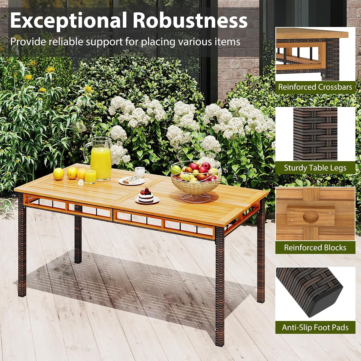 HAPPYGRILL Acacia Wood Outdoor Dining Table 63', 4-6 Person Rectangular Metal Patio Table with Umbrella Hole and Rattan Legs, Slatted Outdoor Furniture for Garden, Poolside, Backyard and Deck