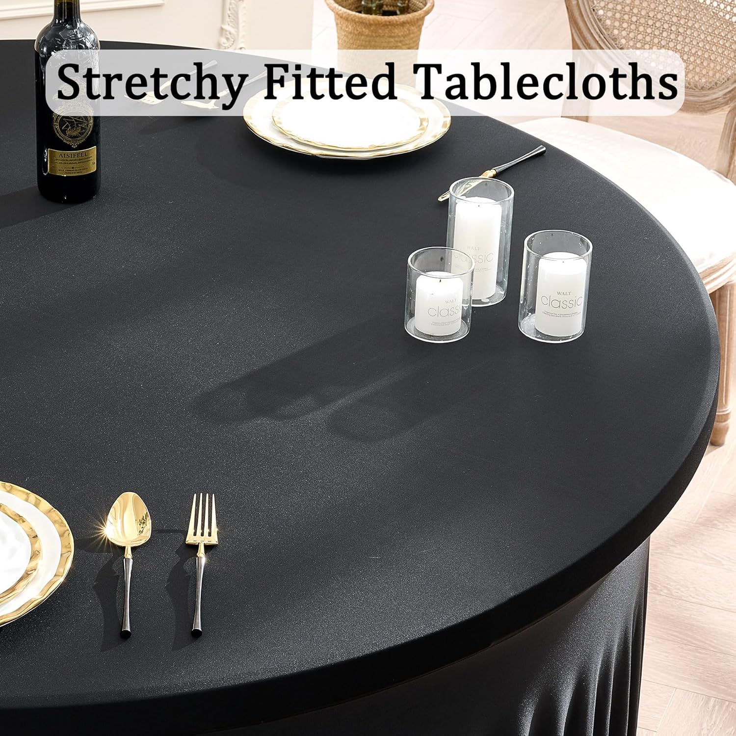 8 Pack Spandex Black Round Tablecloths for 72inch Table, Wrinkle Free 132inch Stretchy Fitted 6ft Round Table Cloth Covers with Skirt for Wedding Birthday Graduation Parties Banquet Events
