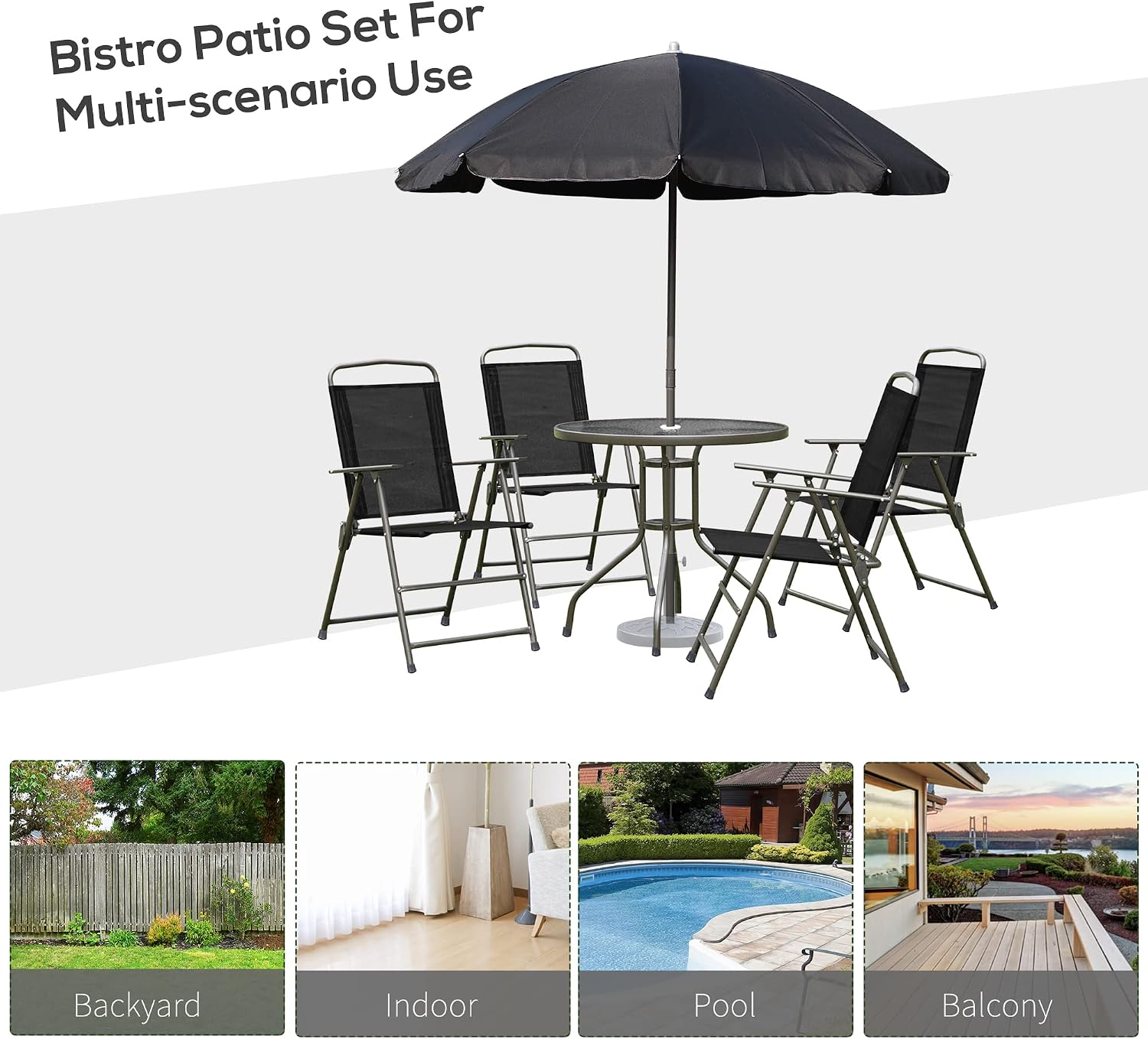 Outsunny 6 Piece Patio Dining Set for 4 with Umbrella, Outdoor Table and Chairs with 4 Folding Dining Chairs & Round Glass Table for Garden, Backyard and Poolside, Black and Coffee