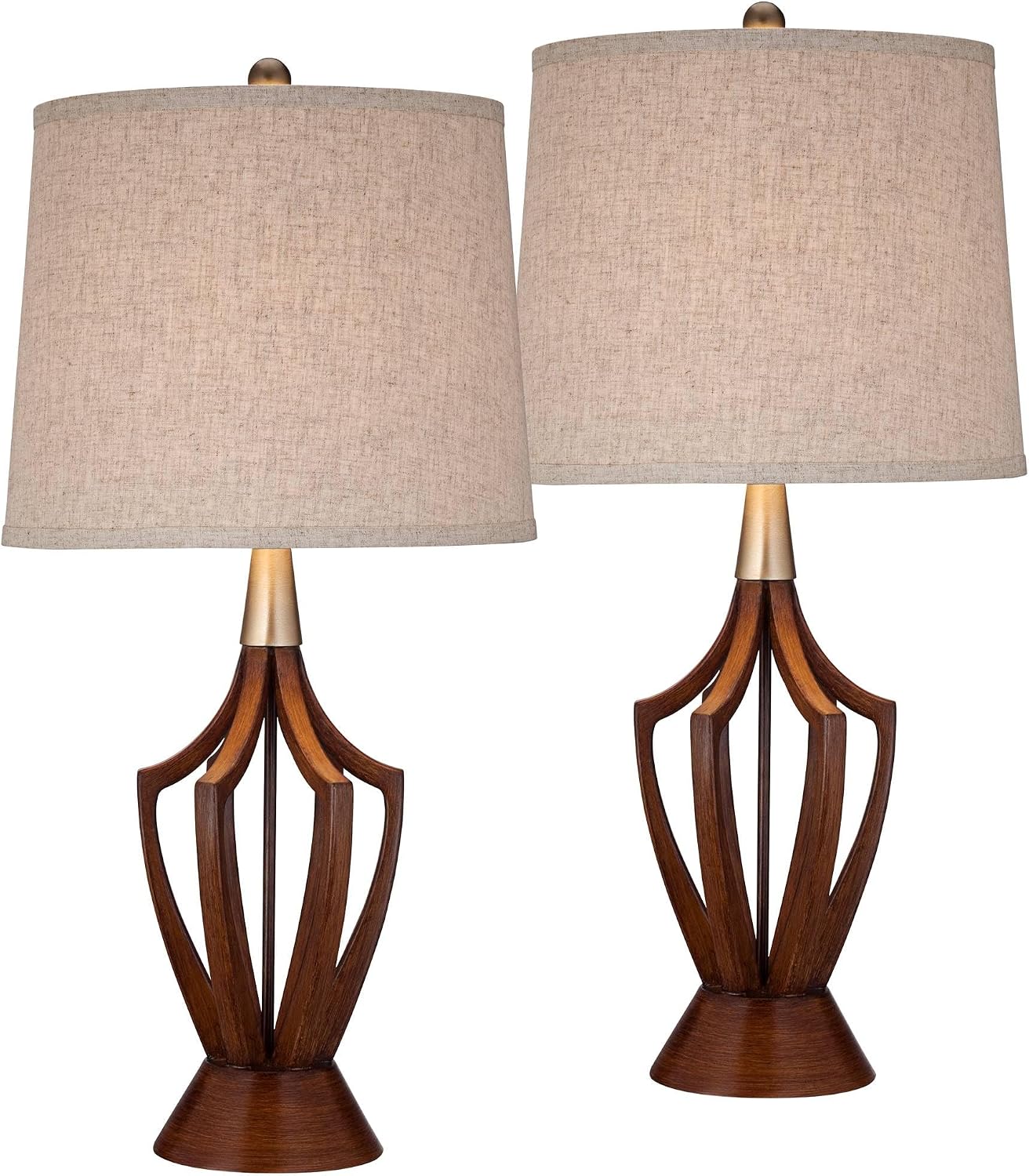 360 Lighting St. Claire 30 3/4' Tall Open Base Large Mid Century Modern End Table Lamps Set of 2 Wood Finish Fabric Shade Living Room Bedroom Bedside Nightstand House Office Home Reading Kitchen