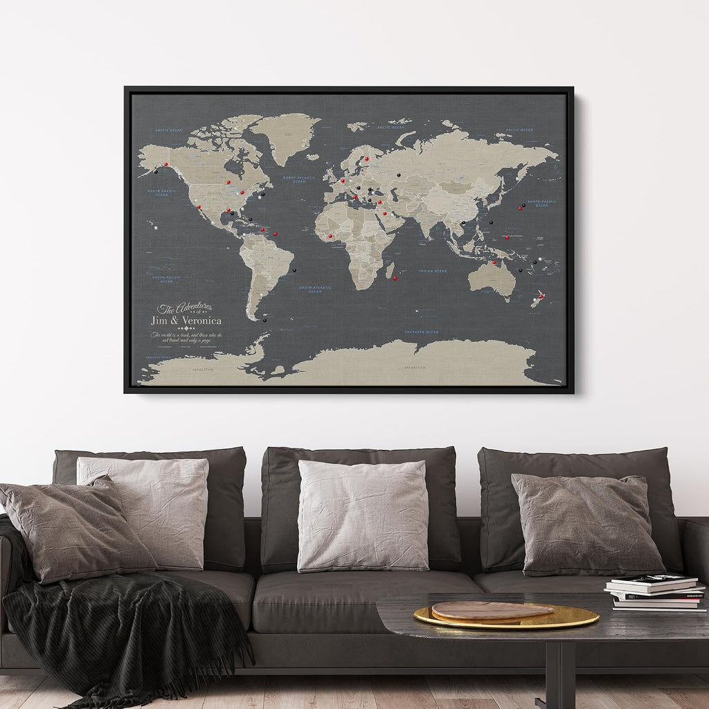 Earth Tone World Map with Pins – Personalized Canvas Push Pin Map – Framed World Travel Wall Decor – Black Float Frame – 24' x 36'