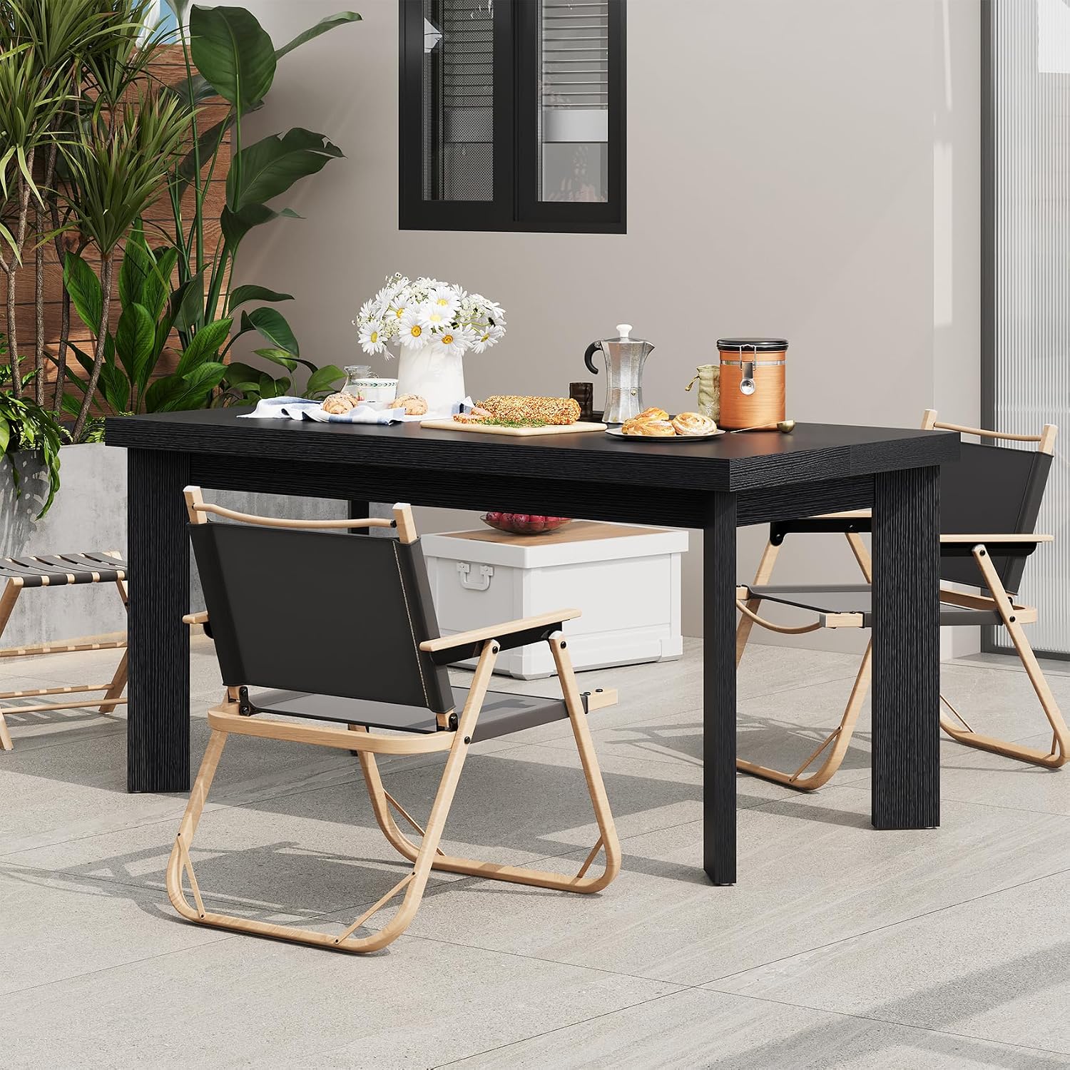 Bigbiglife 63 Inch Dining Table for 6, Indoor Outdoor Dining Table with Wood Legs, Kitchen Table with Large Tabletop, Rectangular Dinner Table for Dining Room, Living Room, Kitchen, Black