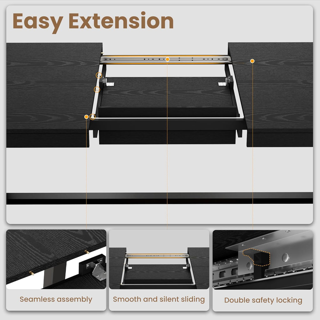 GarveeHome 63-83' Extendable Dining Table, Industrial Rectangular Dining Room Table for 6-8 People, Expandable Kitchen Table with Heavy Duty Metal Frame for Dining Room, Kitchen & Parties, Black