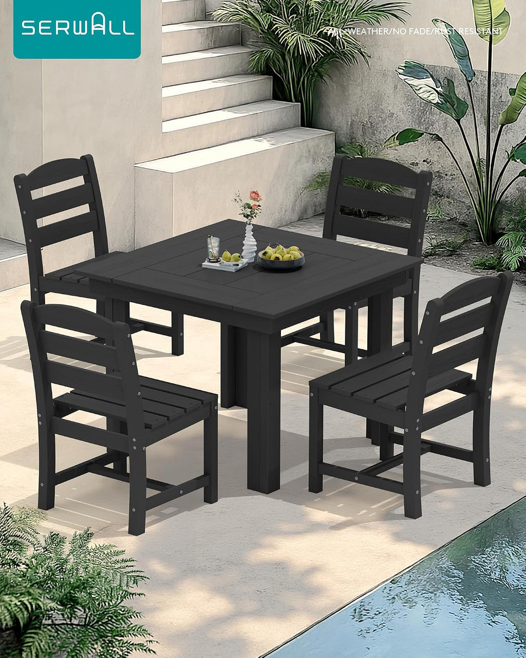 SERWALL Outdoor Dining Set for 4, HDPE Square Table and Chairs Set All Weather Patio Dining Set with 4 Armless Chairs for Patio, Black