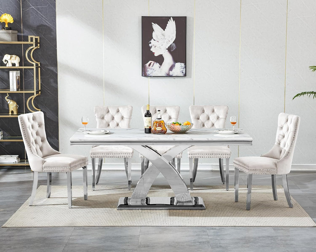 68' Luxury Rectangular Marble Dining Table for 4 to 6, White Faux Marble Kitchen Table with Silver X Shape Stainless Steel Pedestal, Modern Kitchen Dining Room Table for Breakfast Dinette Dinner Party