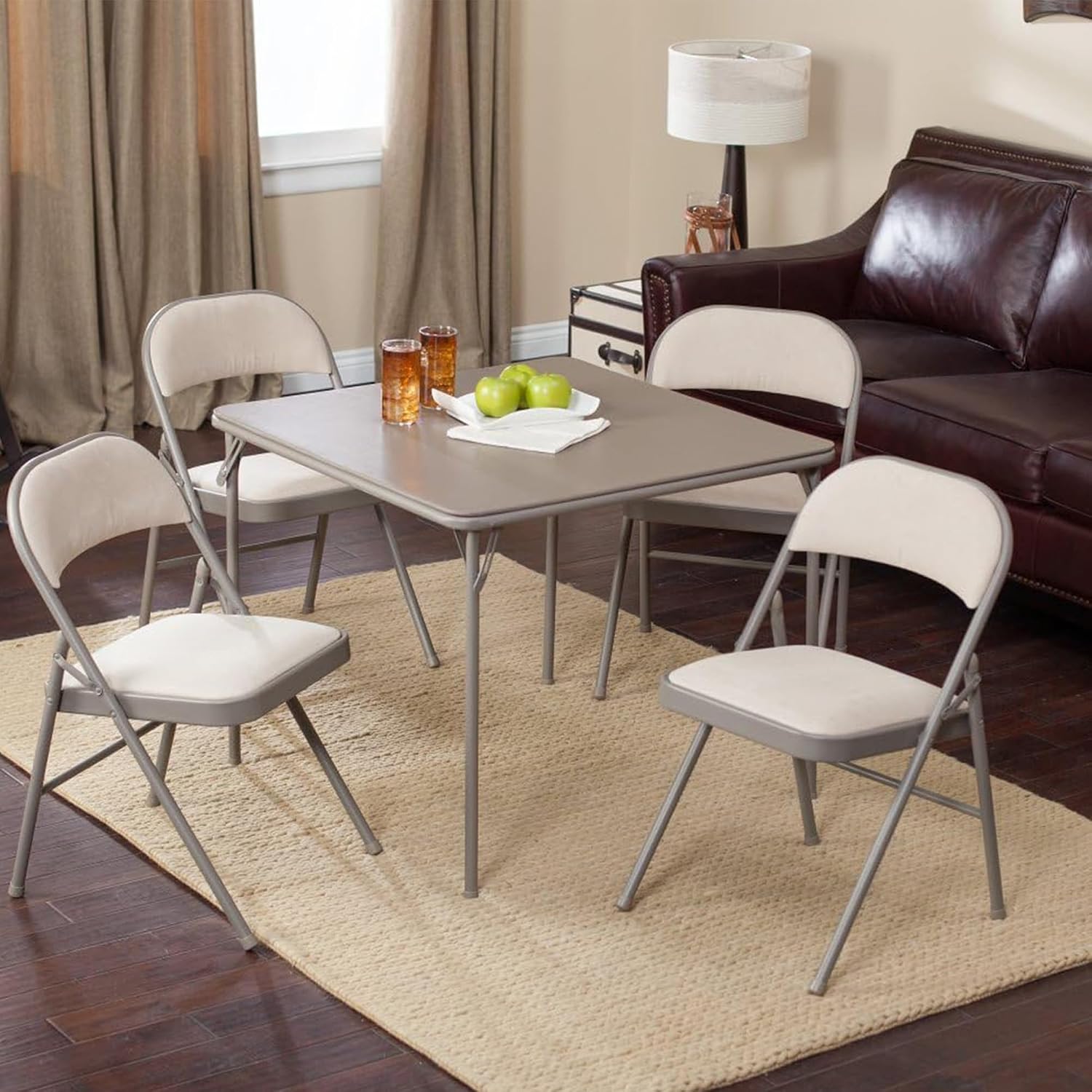 MECO Sudden Comfort 5 Piece 34 x 34 Inch Square Folding Dining Card Table with 4 Padded Folding Chairs Furniture Set for Gatherings and Games, Tan