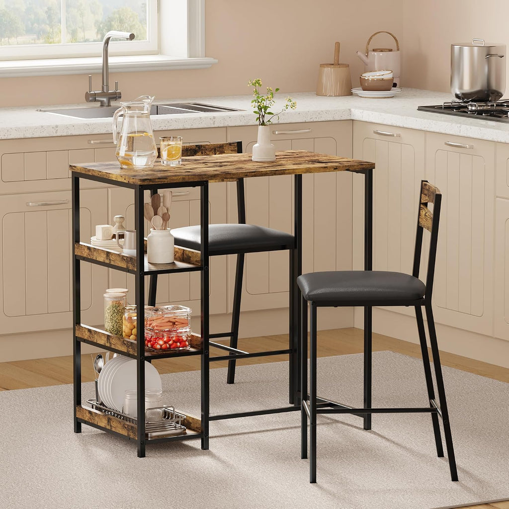 GarveeHome 3-Piece Kitchen Table Set with Storage Shelves & 2 Upholstered Chairs - Iron and Wood Dining Table for Small Spaces, Apartments, Condos, Rustic Brown