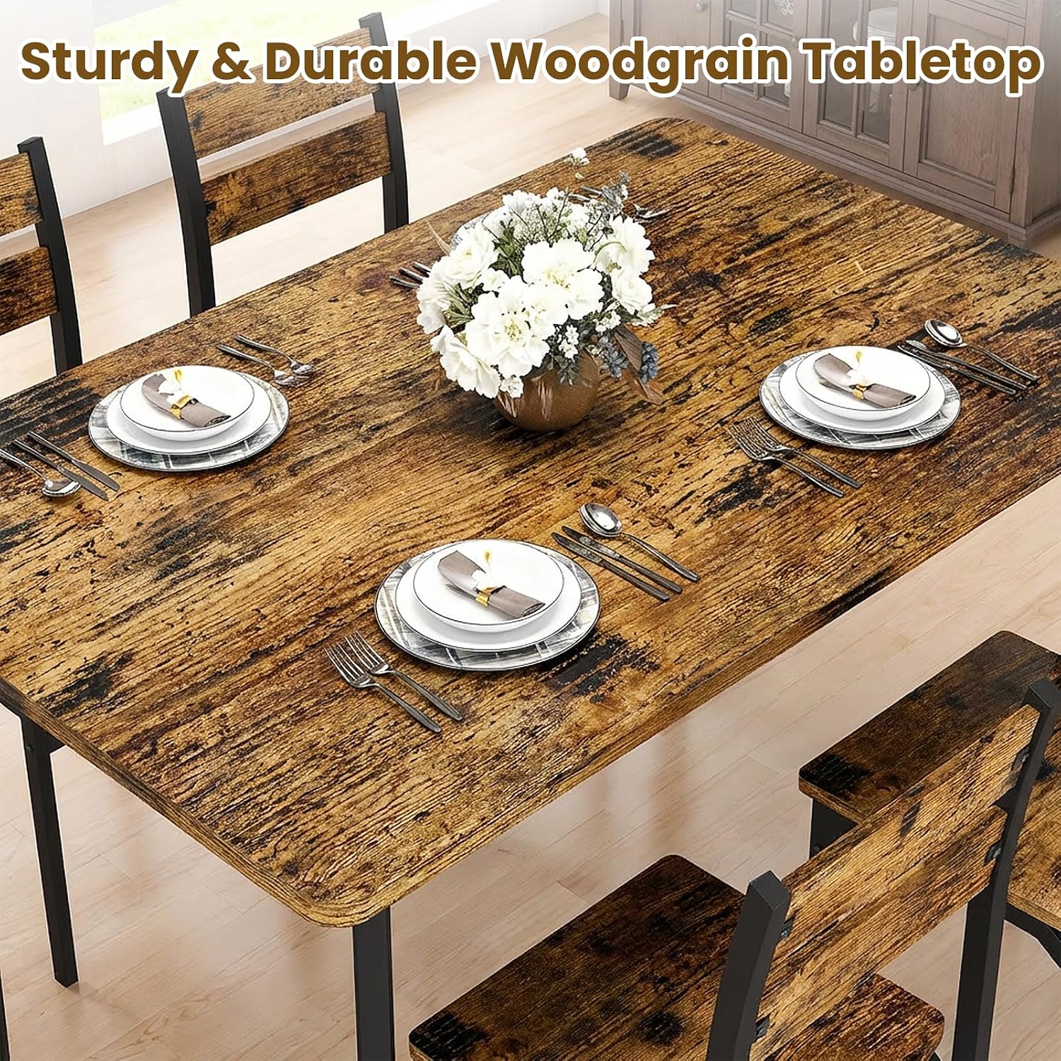Recaceik Dining Table Set for 4 Wood Kitchen Table Chairs Set, 43 '' Farmhouse 5 Piece Dining Room Table Set, Space-Saving Dinette Set for Breakfast Nook, Apartment