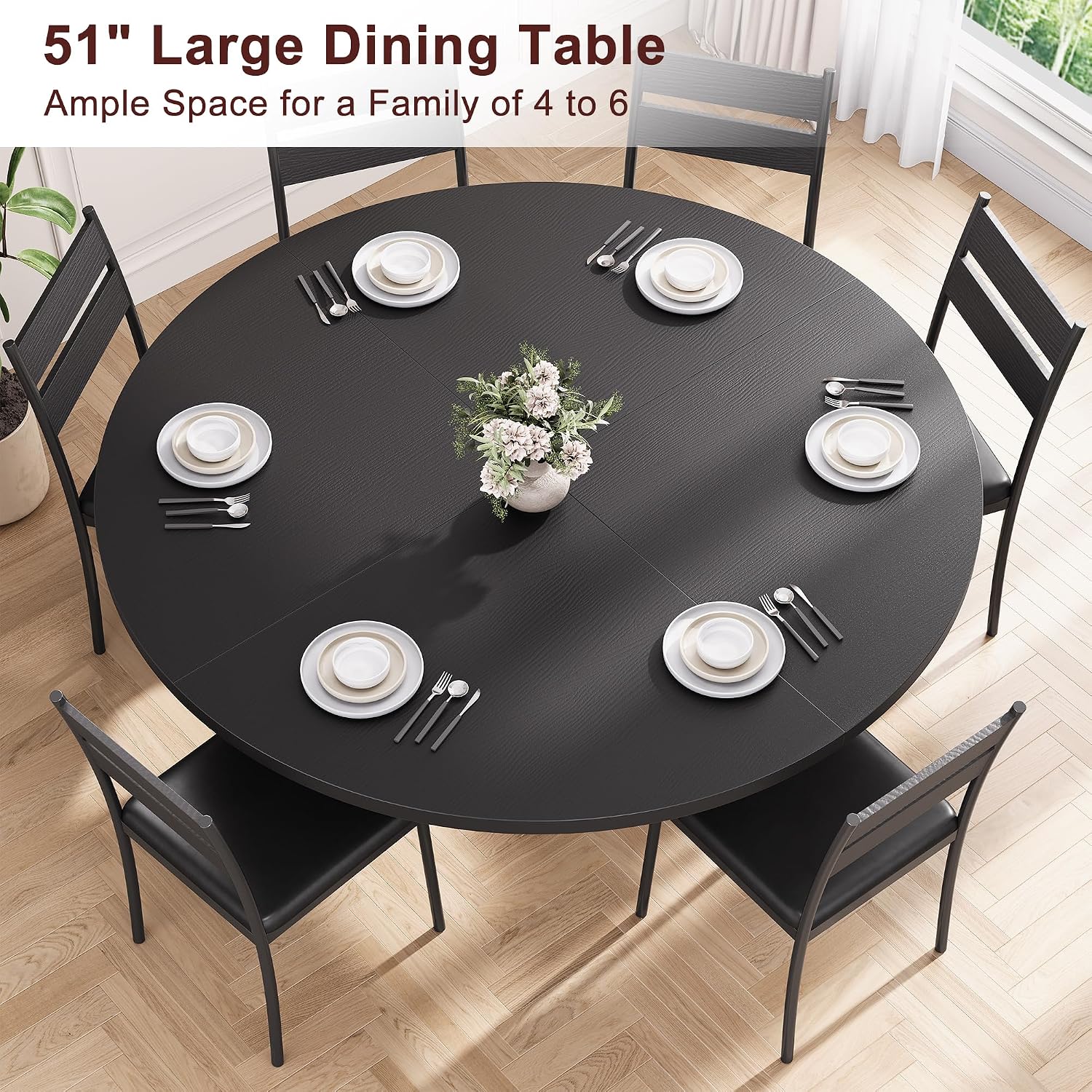 Jocoevol 51'' Round Dining Table,Kitchen Dining Room Circle Dinner Pedestal Table,Space Saving Wood Kitchen & Dining Room Furniture (Black, 51In)