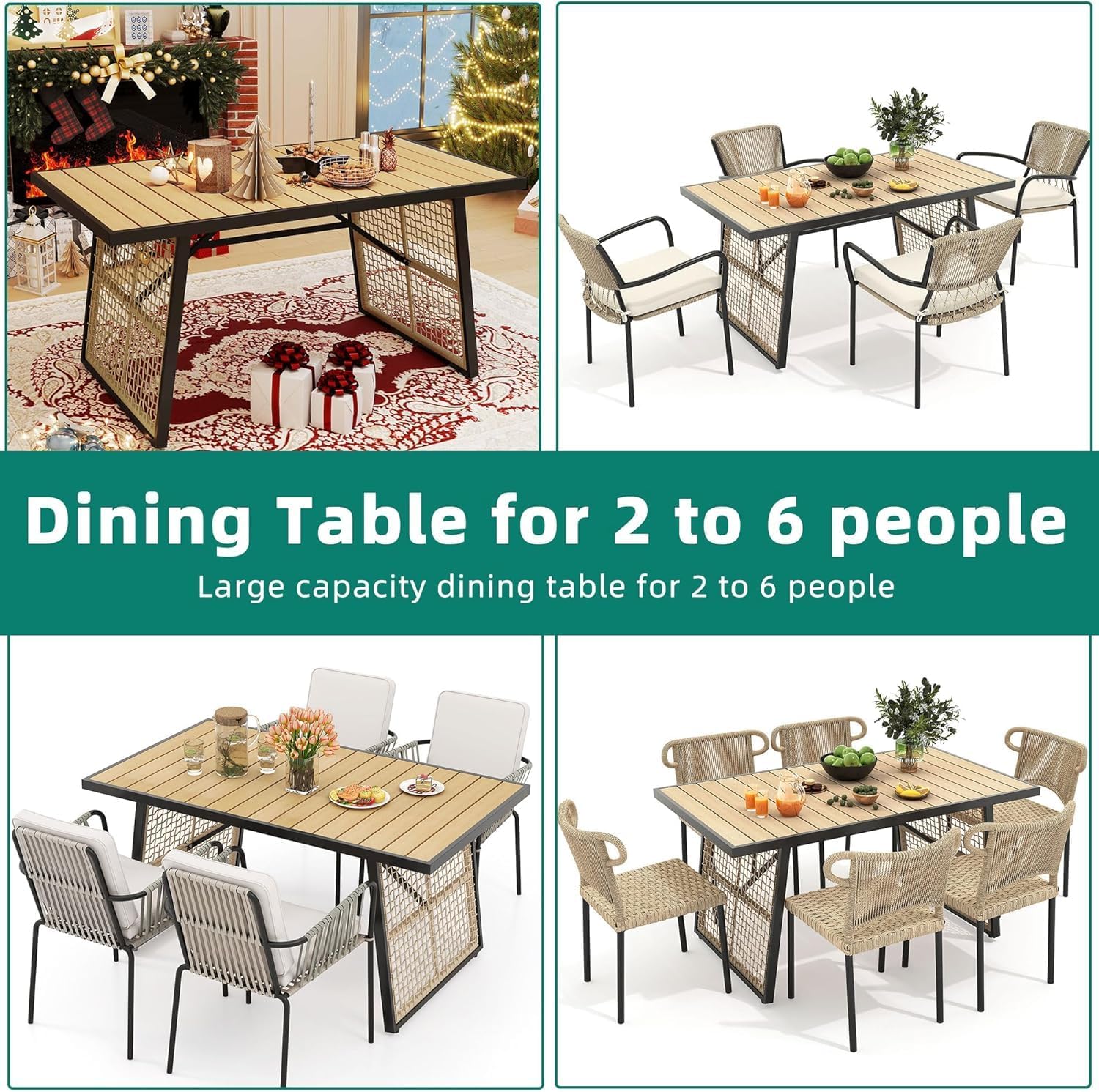 YITAHOME Dining Table 59.1'x34.3' Rectangular Patio Table with Metal Frame & Rattan Mesh All-Weather Outdoor Patio Dining Table for 6 Outdoor Table with Adjustable Feet for Outdoor/Indoor