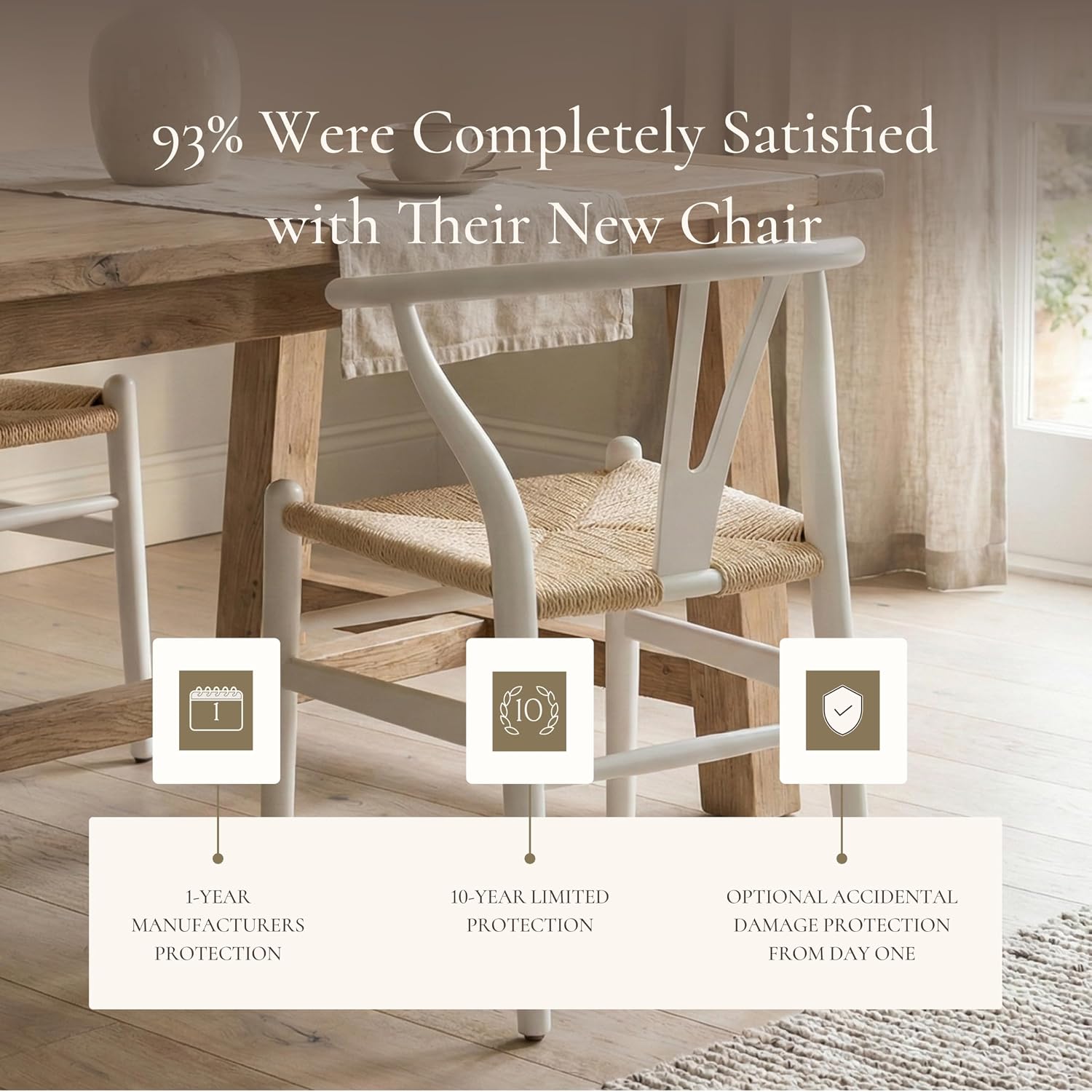 POLY & BARK Weave Dining Chair – Mid-Century Modern Wishbone Dining Chair with Arms, Solid Wood Frame, Indoor Use – White – Single - Ideal for Dining Room, Kitchen or Stylish Accent Setting