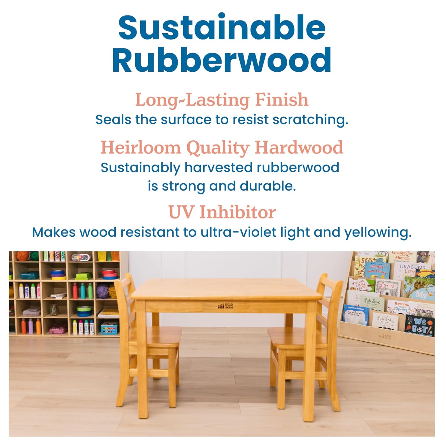 ECR4Kids 24in x 36in Rectangular Hardwood Table with 24in Legs and Two 14in Chairs, Kids Furniture, Honey