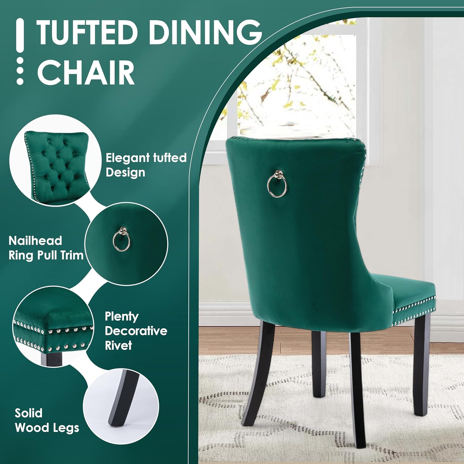 Modern Luxury Round Glass Dining Set for 4, 5 Pcs Small Minimalist Circle Kitchen Table Set, 36'' Clear Circular Glass Top Dinner Room Set, Green High-end Tufted Chairs, for Apartment (Black)