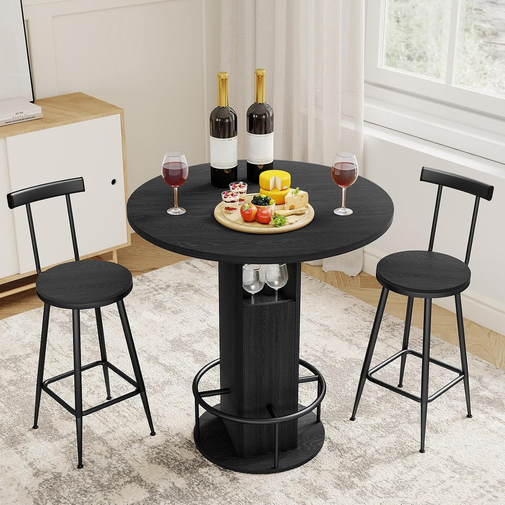 Kiivakii 31.5' 3 Pieces Round Bar Table Set, Pub Table and Chairs for 2, Kitchen Bar Table with 2 Stools & Built-in Storage, Small Dining Table Set for Dining Room, Bistro & Small Space, Black