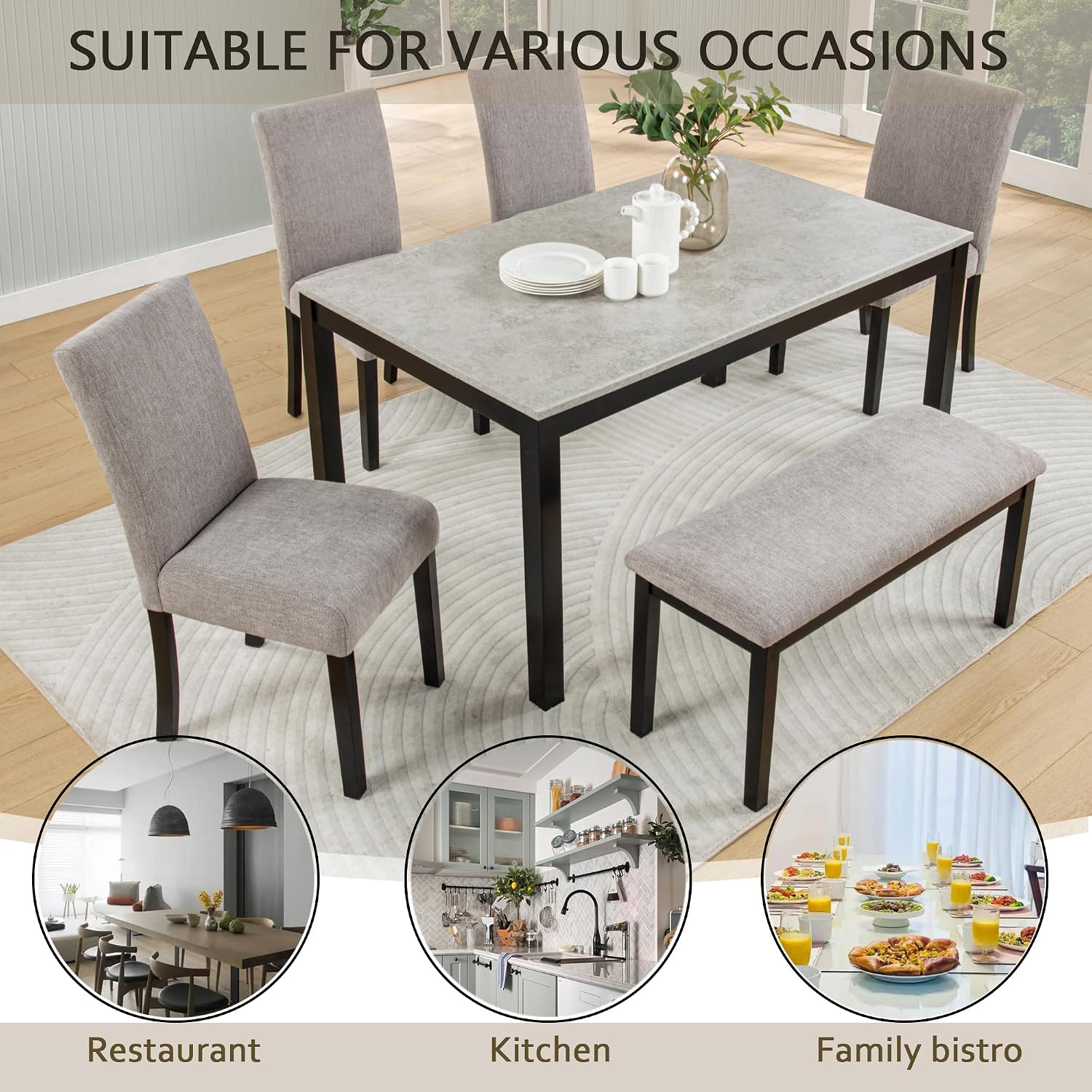 KEIKI 6-Piece Standard Height Dining Table Set with Rectangular Table, 4 Upholstered Curved Backrset Chair, Bench, for 6 Person, Modern Table Set, Easy Assembly, for Kitchen, Dining Room, Black+Gray